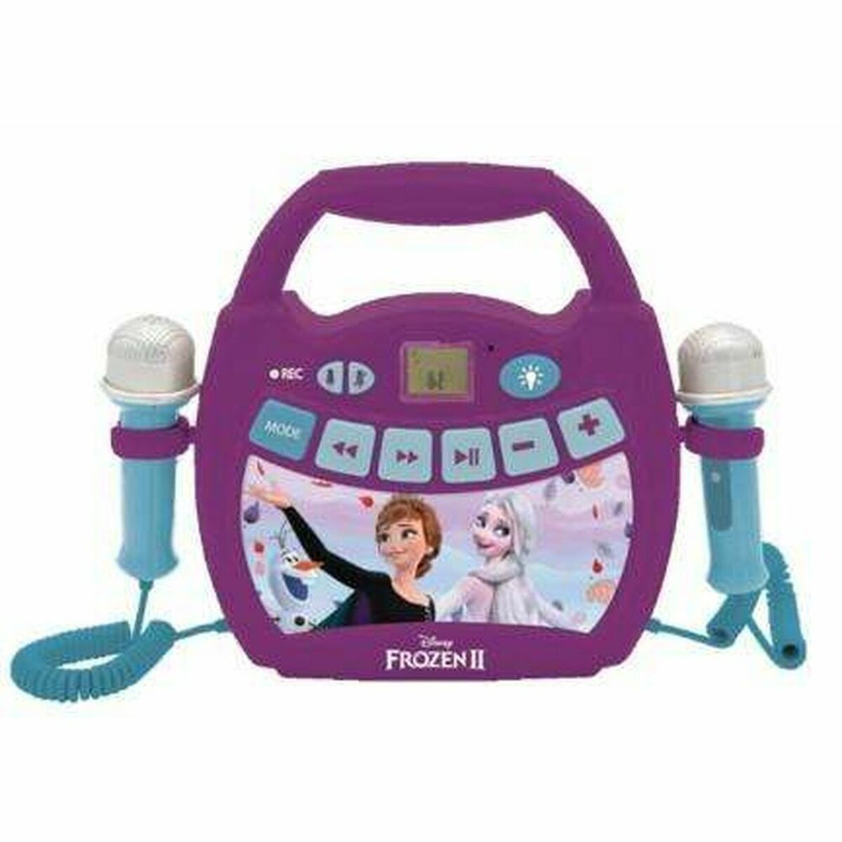 Una macchina per karaoke viola di Frozen II con microfoni.
