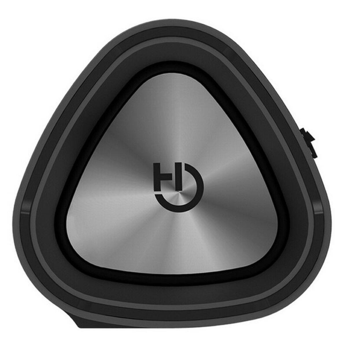 Altoparlante triangolare nero con centro argentato e logo HD.