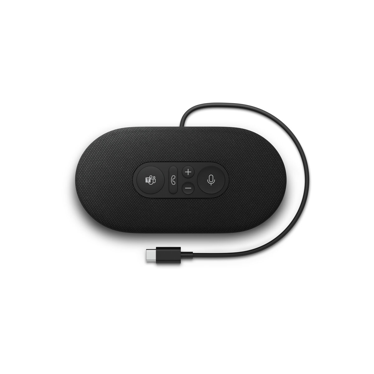 Vivavoce per conferenze nero a forma ovale con pulsanti e un cavo USB-C.