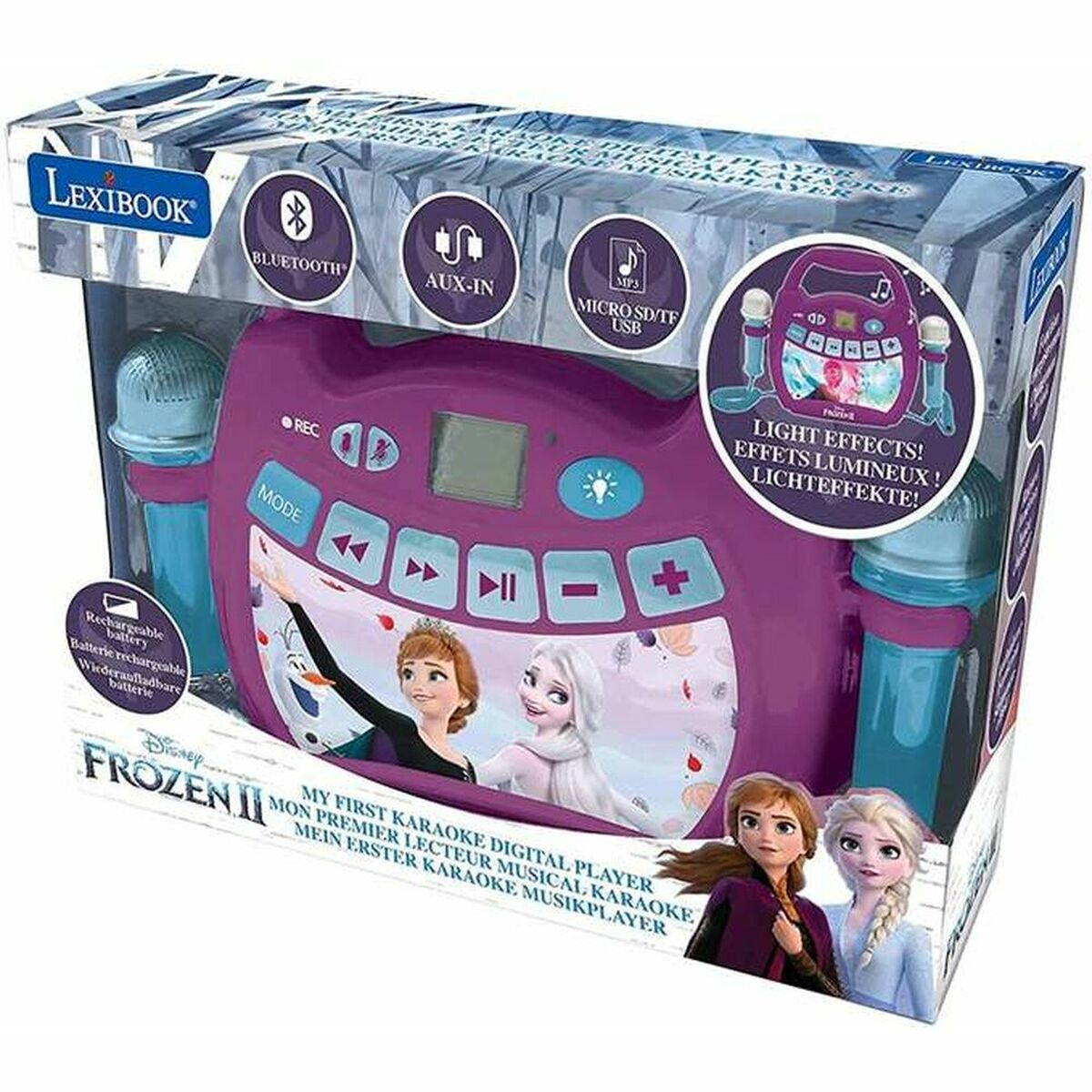 Un lettore Karaoke viola per bambini a tema Frozen. Include microfoni e pulsanti. Sulla scatola.