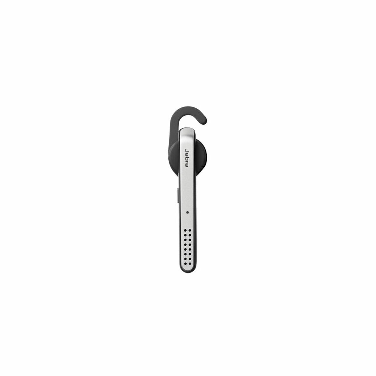 Un auricolare wireless nero e argento con un gancio per l'orecchio curvo.
