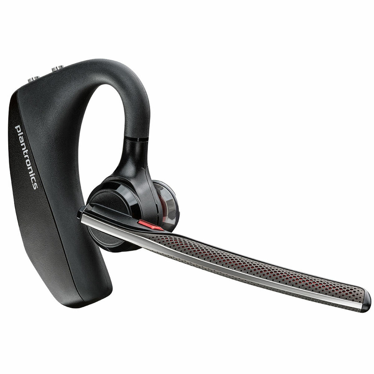 Czarny zestaw słuchawkowy Bluetooth Plantronics, z ramieniem mikrofonu. Na białym tle.