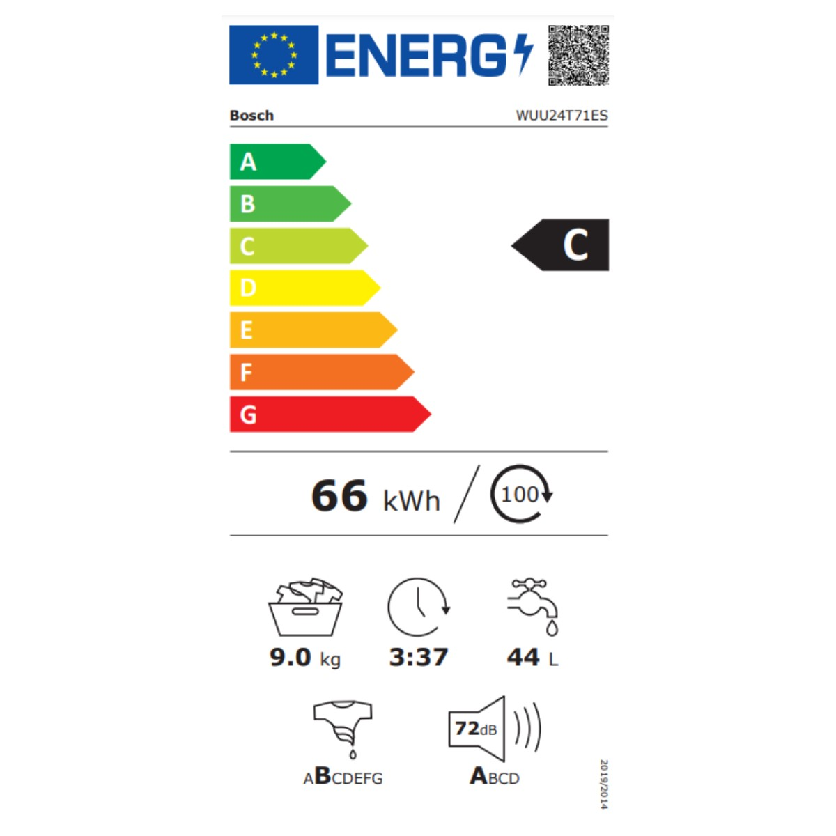 Etiqueta energética que muestra la clasificación de eficiencia energética 'C' para un lavavajillas blanco, con detalles de rendimiento.