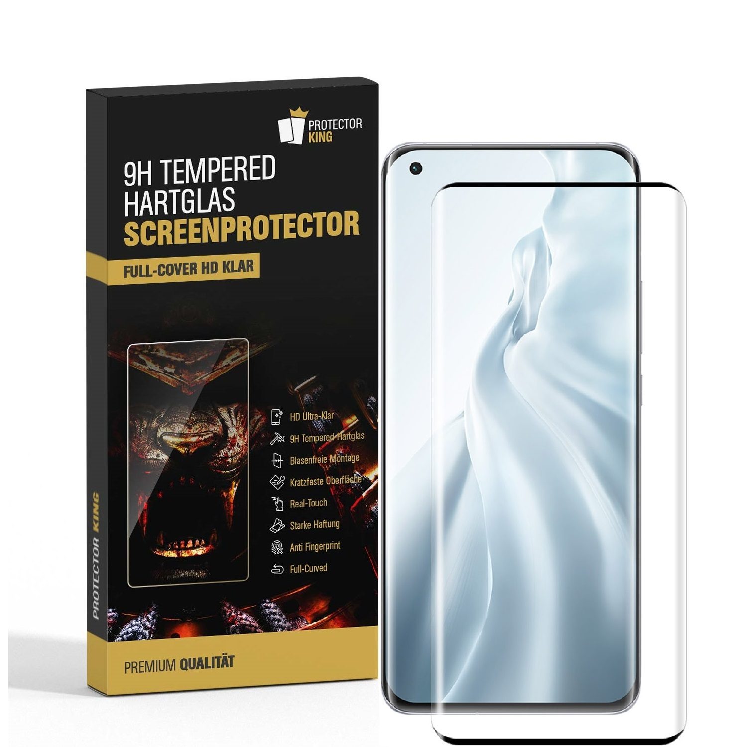 Displayschutzfolienbox und ein Telefon mit angebrachtem Schutz. Die Box hat Text.