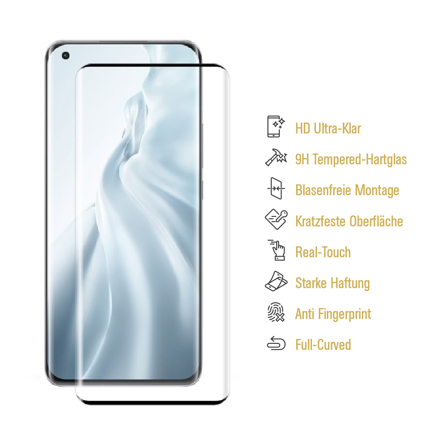 Smartphone und Displayschutz. Der Schutz hat Textbeschriftungen an der Seite.