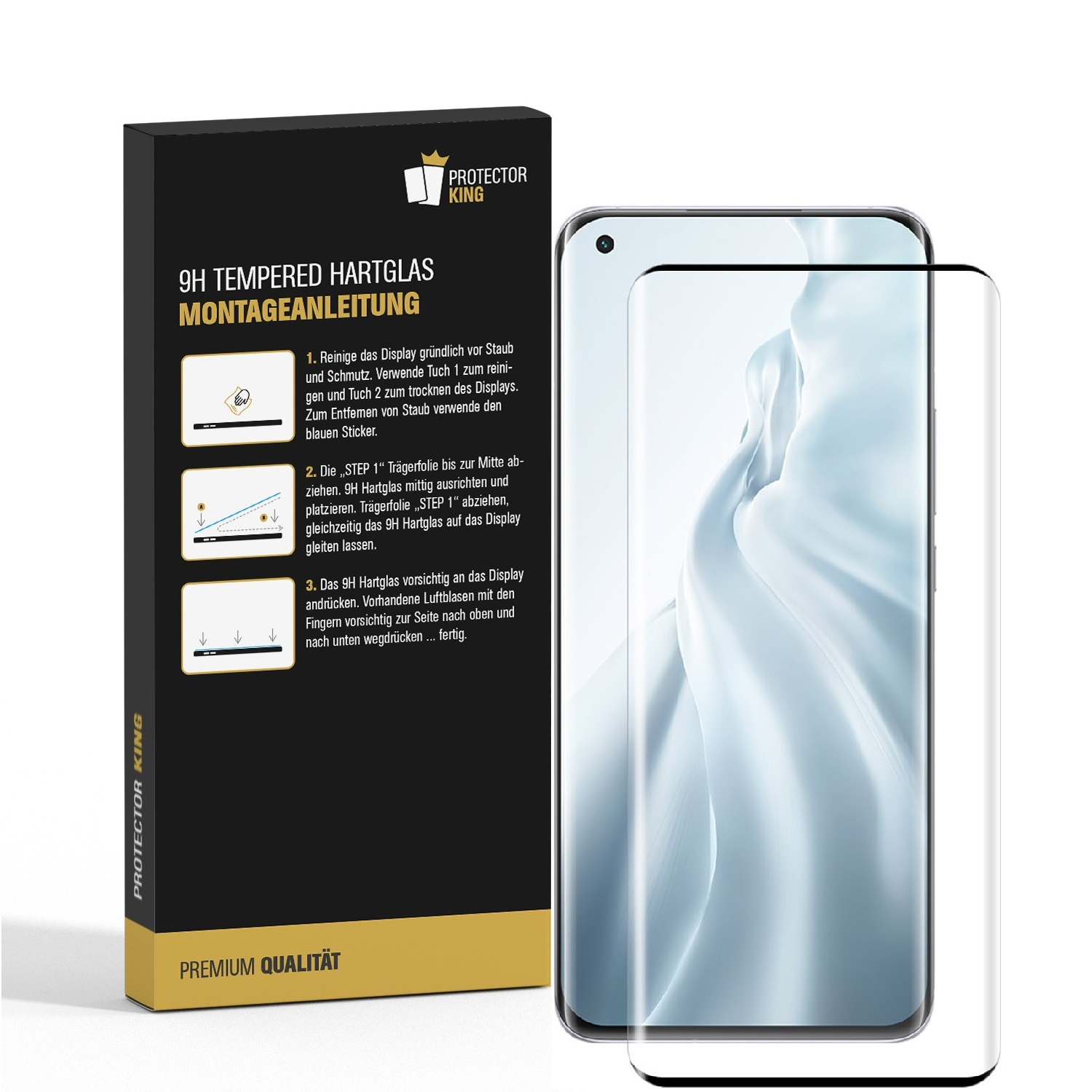 Eine Displayschutzfolienbox und ein Smartphone mit angebrachter klarer Displayschutzfolie.