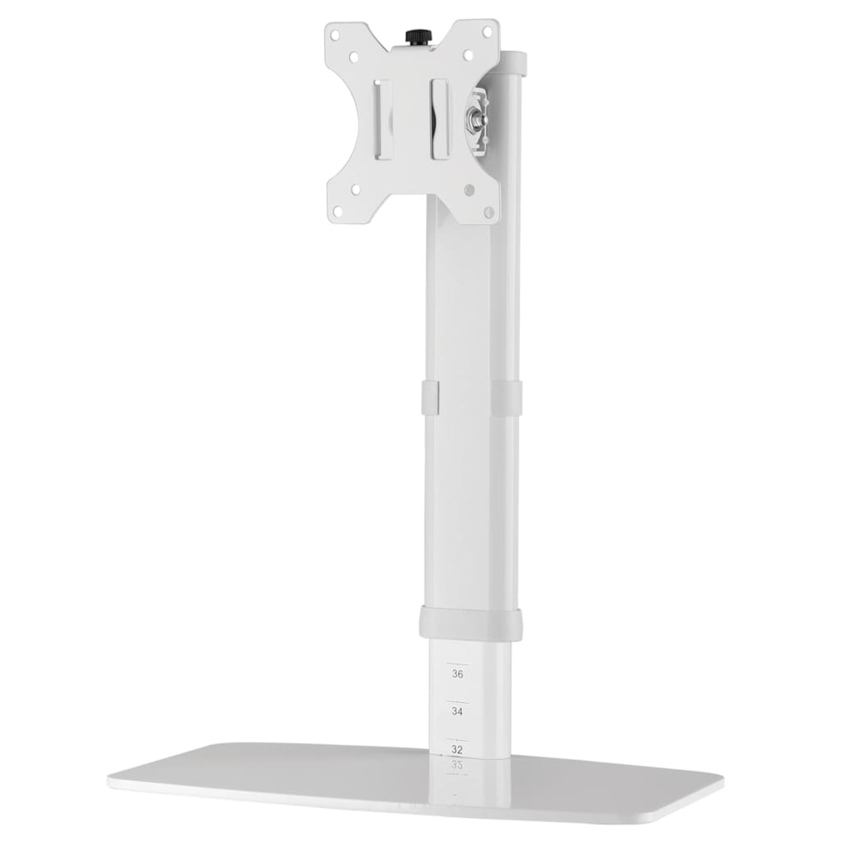 Witte monitorstandaard op een wit oppervlak. Het heeft een voet, een hoge paal en een bovenste beugel.