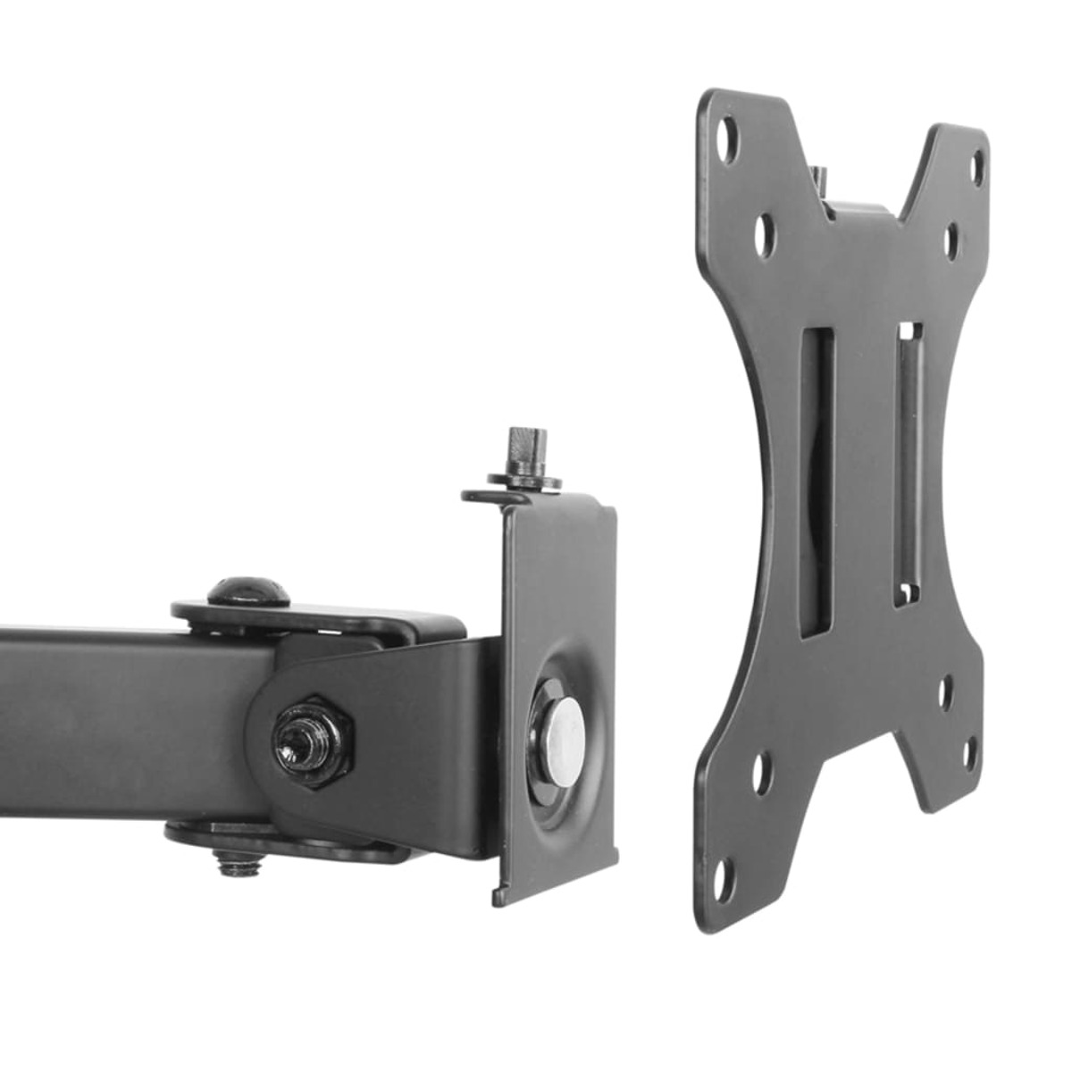 Black metal monitor mount parts: an arm section and a VESA plate.