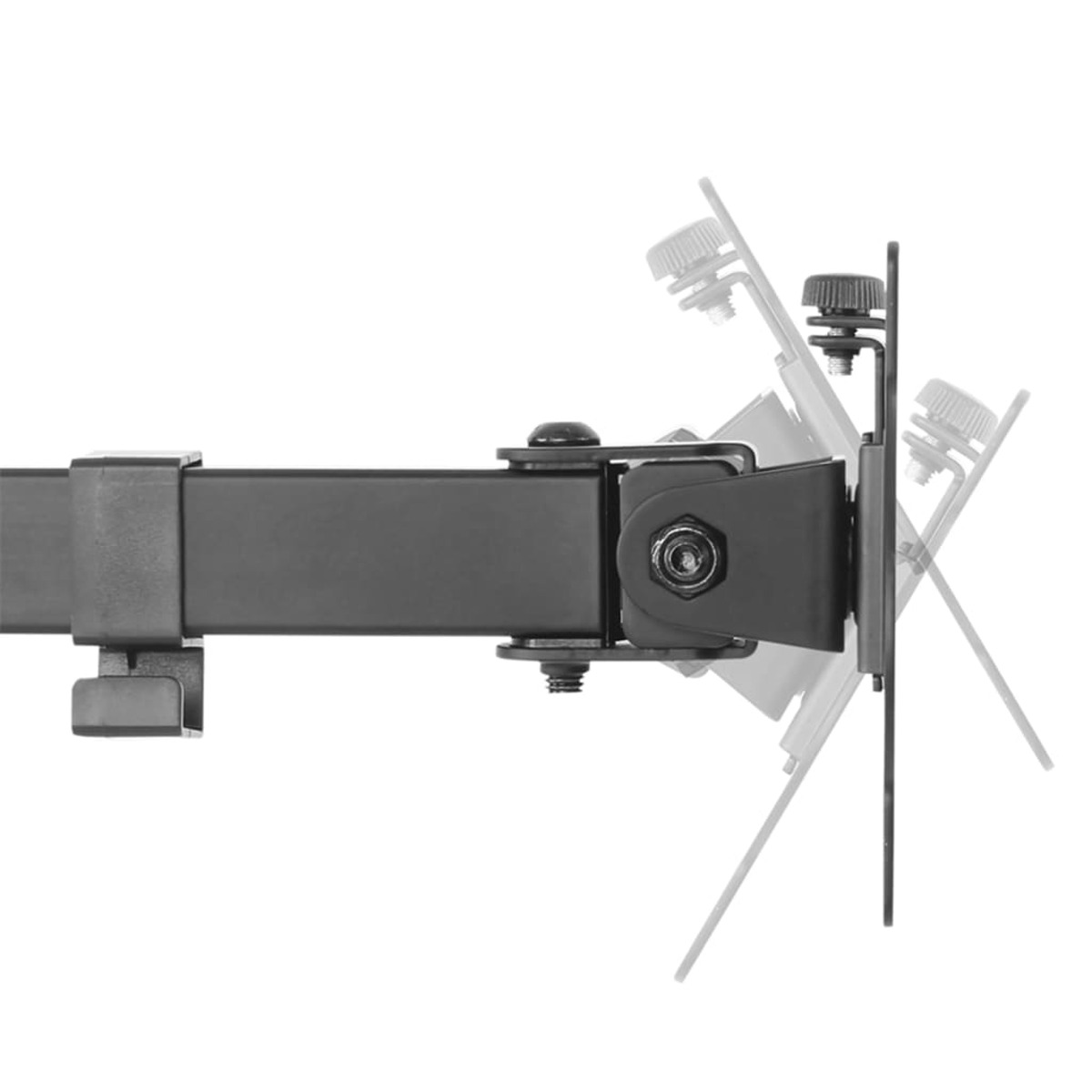Black metal arm with a swivel joint attached to a plate, shown in multiple positions.