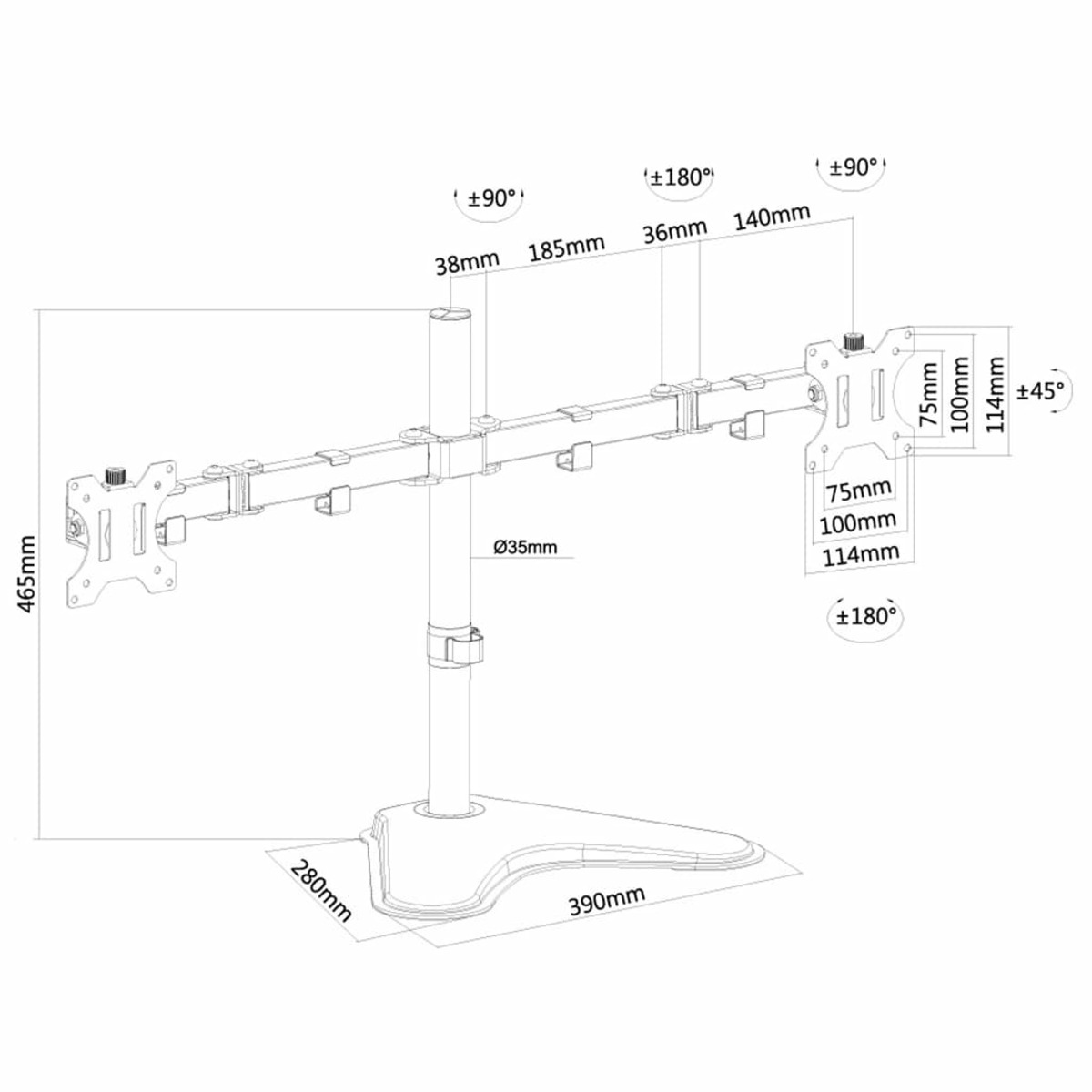 Technische tekening van een dubbele monitorstandaard met afmetingen.