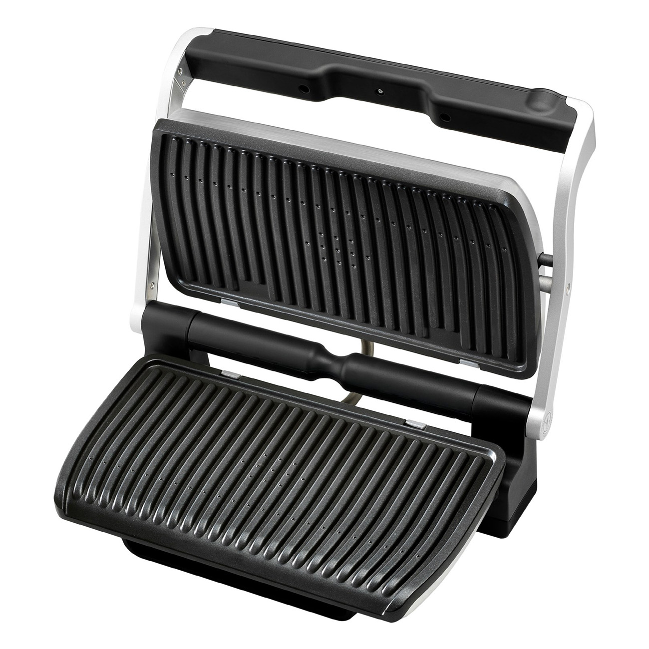 Offene, silberne und schwarze Grillpresse. Schwarze Grillplatten. Weißer Hintergrund.