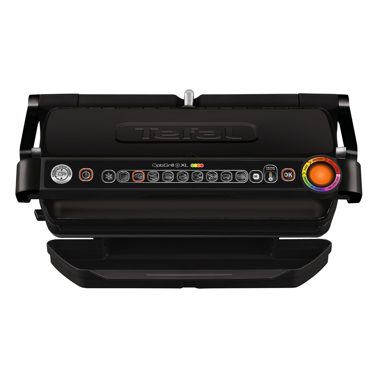 Schwarzer Tefal OptiGrill XL, geöffnet mit Essen darin, auf weißer Oberfläche.