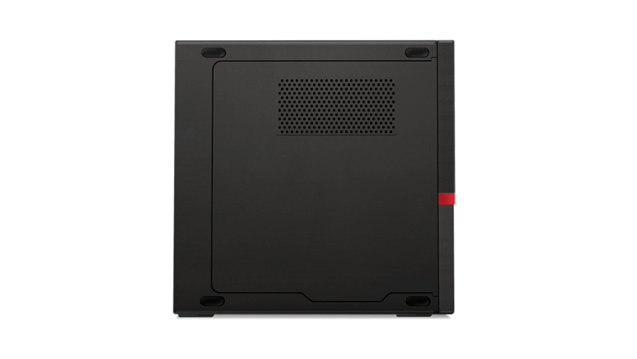 Mini PC negro, vista superior, con rejilla de ventilación y acento rojo en el lateral.