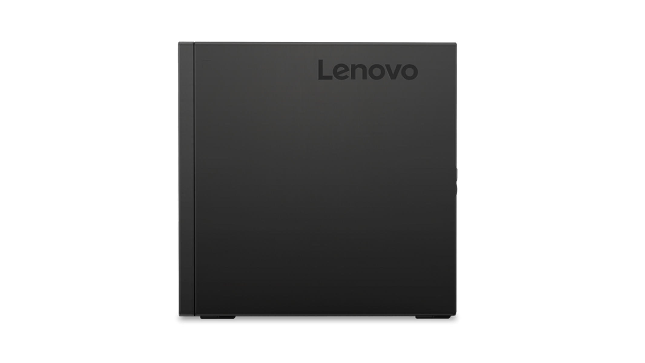 Una caja de computadora Lenovo negra con el nombre de la marca en la parte superior, sobre un fondo negro.