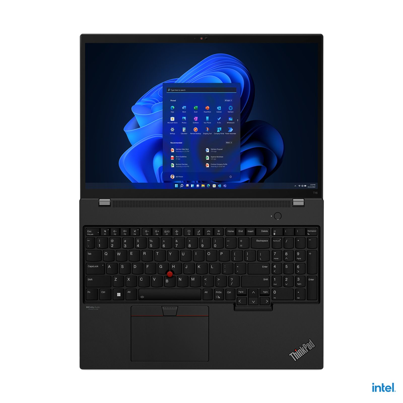 Ein schwarzer ThinkPad-Laptop. Der Bildschirm zeigt die Windows 11-Oberfläche. Tastatur und Trackpad sind sichtbar.