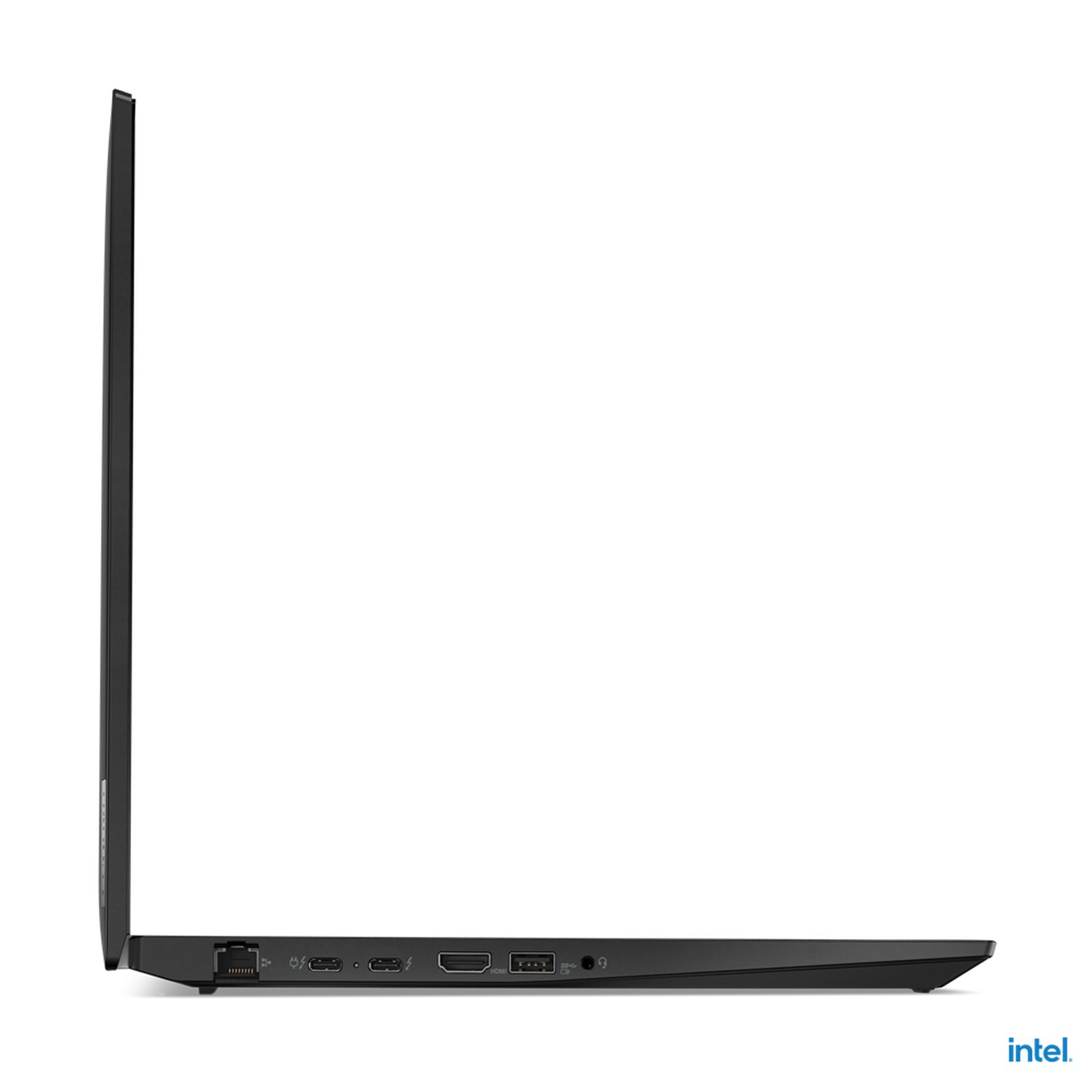 Seitenansicht eines schwarzen Laptops mit Intel-Aufkleber.