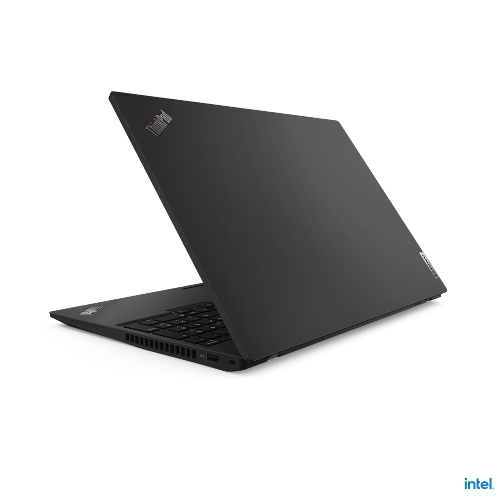 Rückseite eines schwarzen Lenovo ThinkPad Laptops mit ThinkPad Logo.