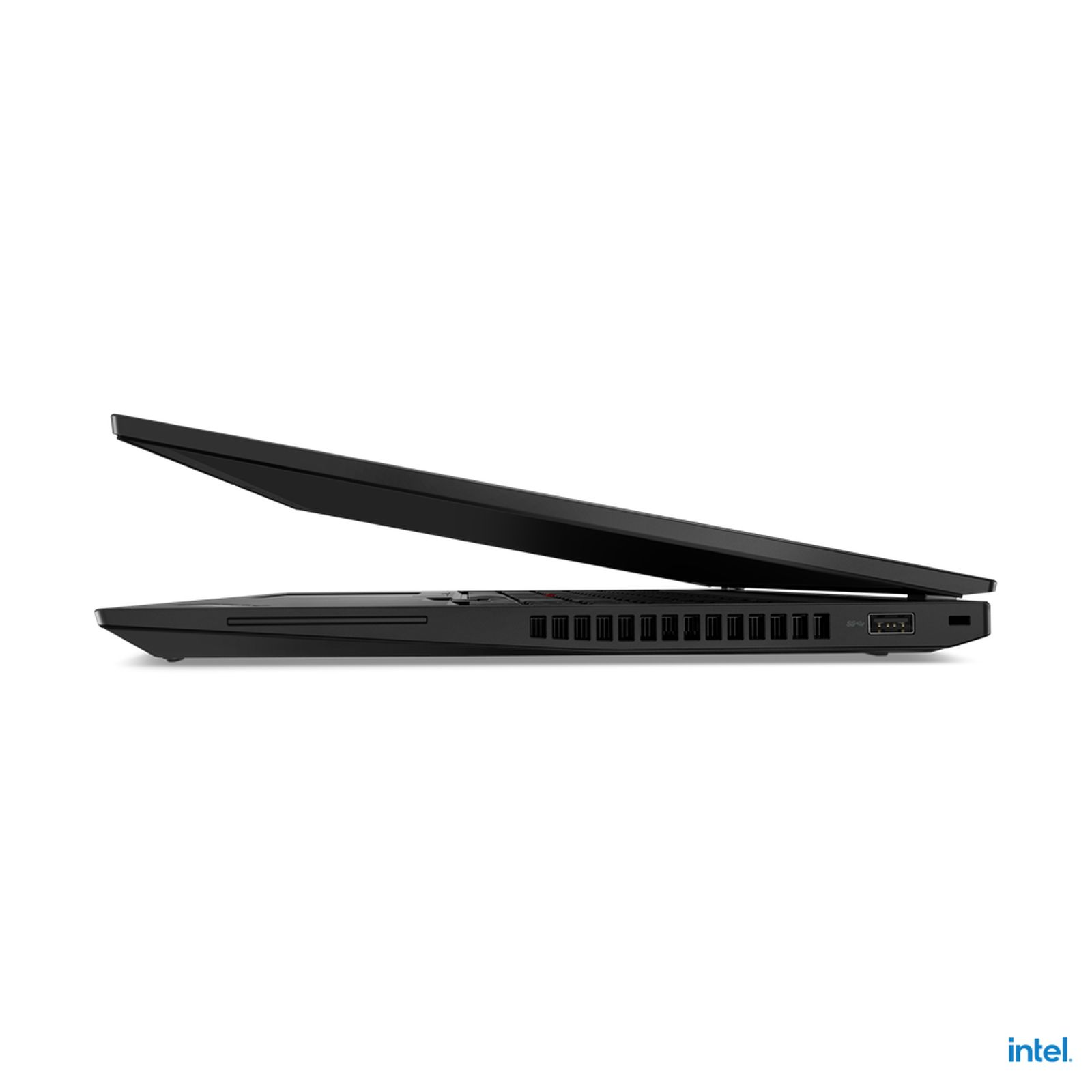 Schwarzer Laptop, Seitenansicht, Deckel leicht geöffnet, auf weißem Hintergrund. Intel-Logo unten.