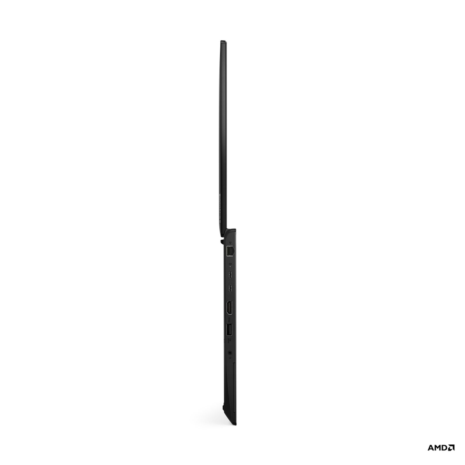 Schwarzer Laptop, Seitenansicht. Zeigt Anschlüsse und das AMD-Logo. Sauberer, weißer Hintergrund.