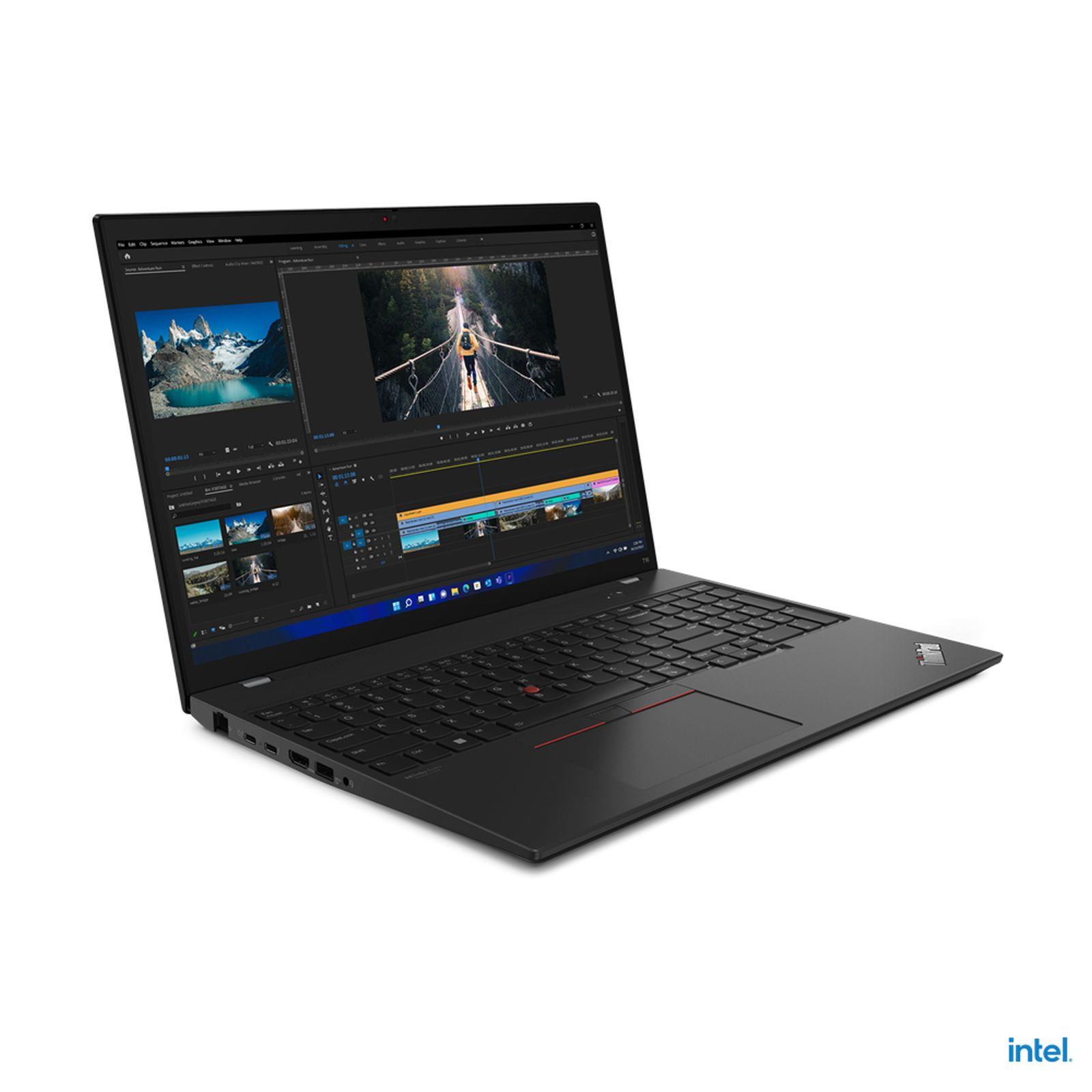Schwarzer Laptop, offen, zeigt eine Brückenszene. Weißer Hintergrund, Intel-Logo.