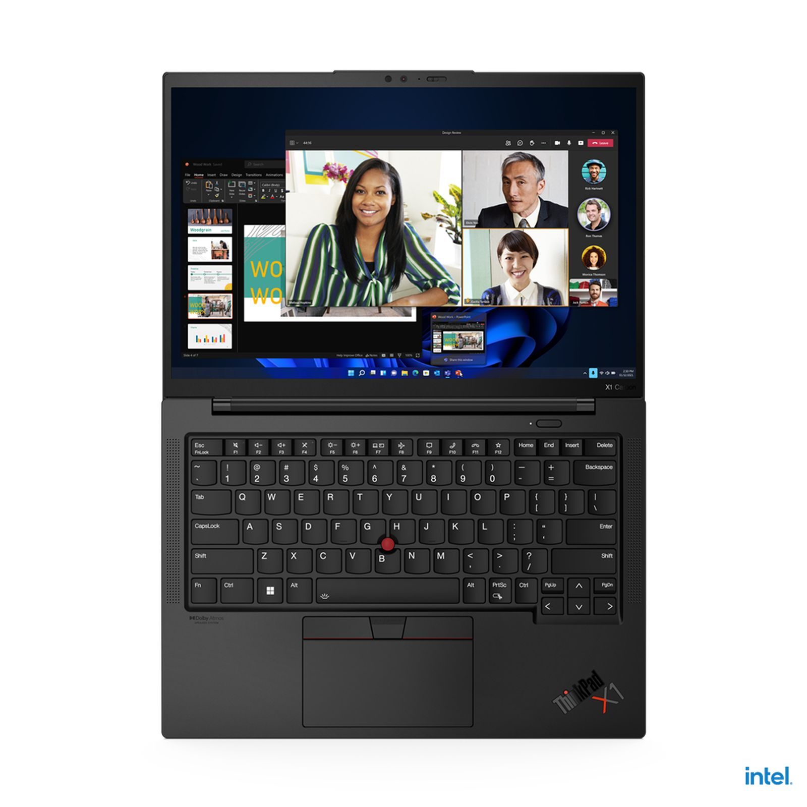 Schwarzer Laptop offen. Der Bildschirm zeigt einen Videoanruf mit vier Personen. Tastatur und Trackpad sind unten.