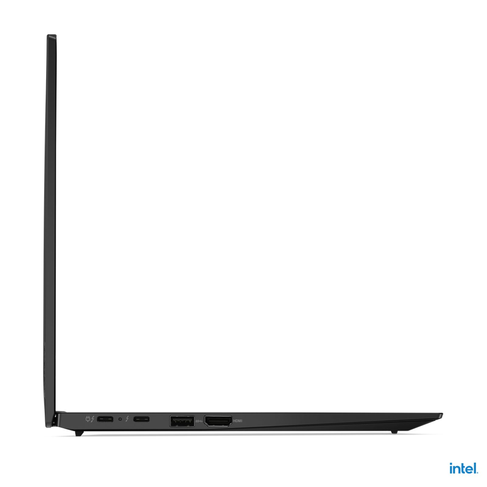 Seitenansicht eines schwarzen Laptops mit Anschlüssen und dem Intel-Logo.