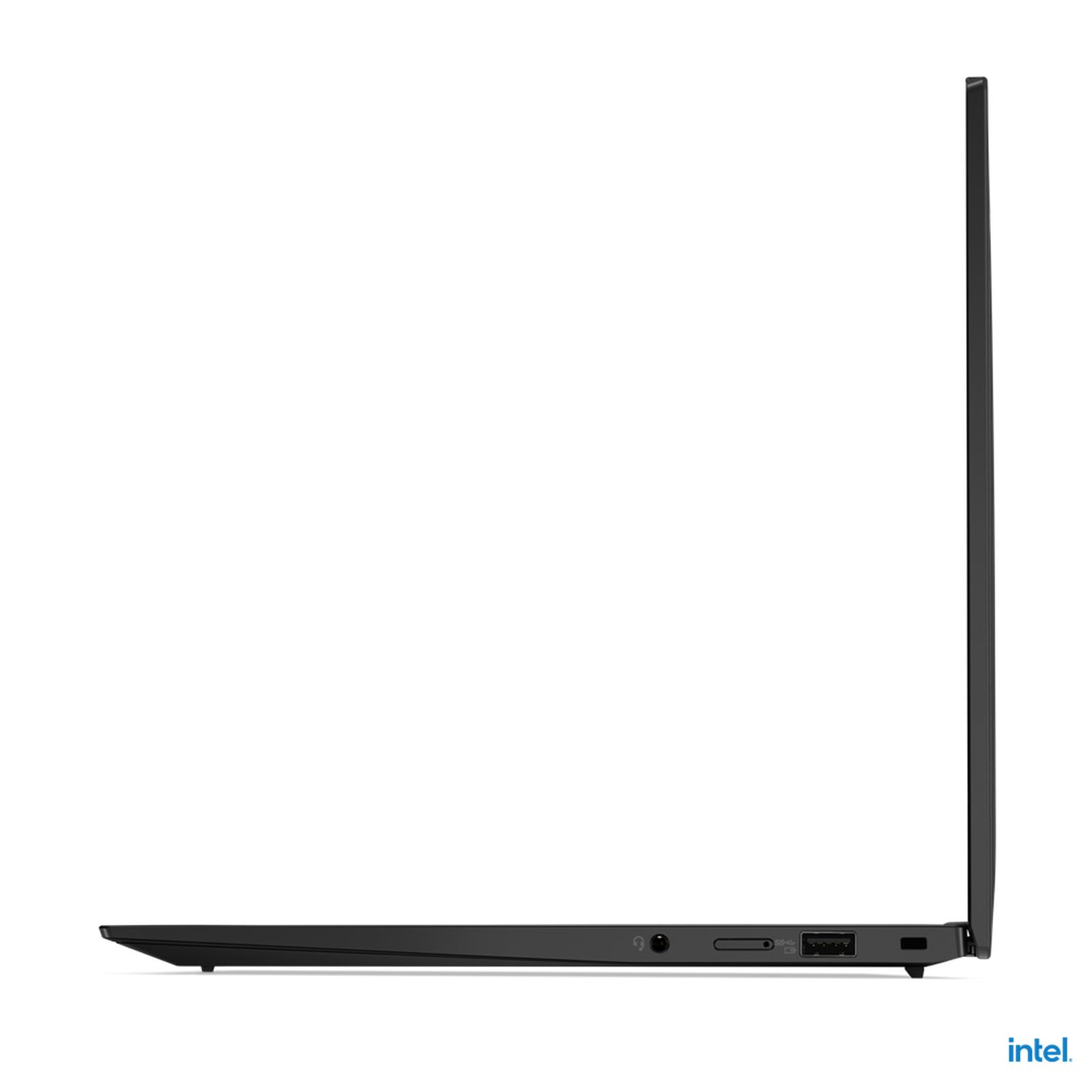 Seitenprofil eines schwarzen Laptops mit sichtbaren Anschlüssen. Weißer Hintergrund.