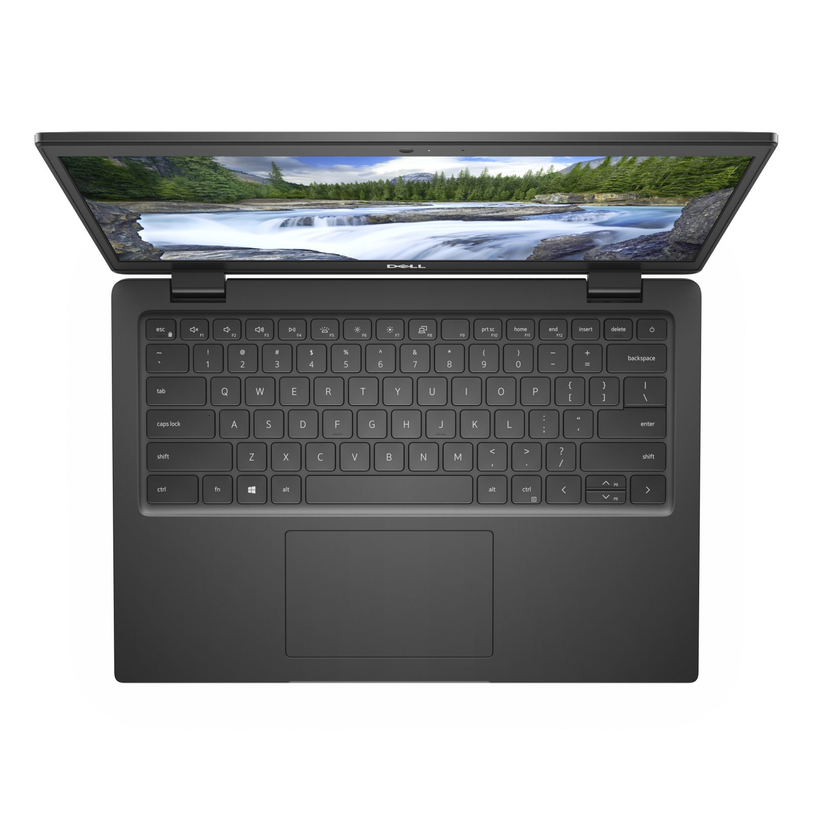 Vista superior de un portátil Dell negro con teclado, panel táctil y pantalla con paisaje.