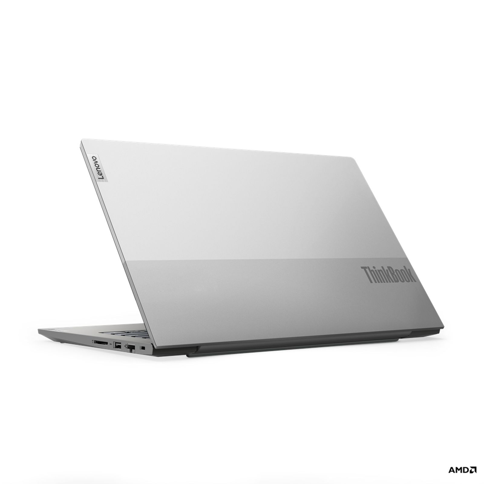 Silberner Lenovo Thinkbook Laptop von der Seite mit AMD-Logo.