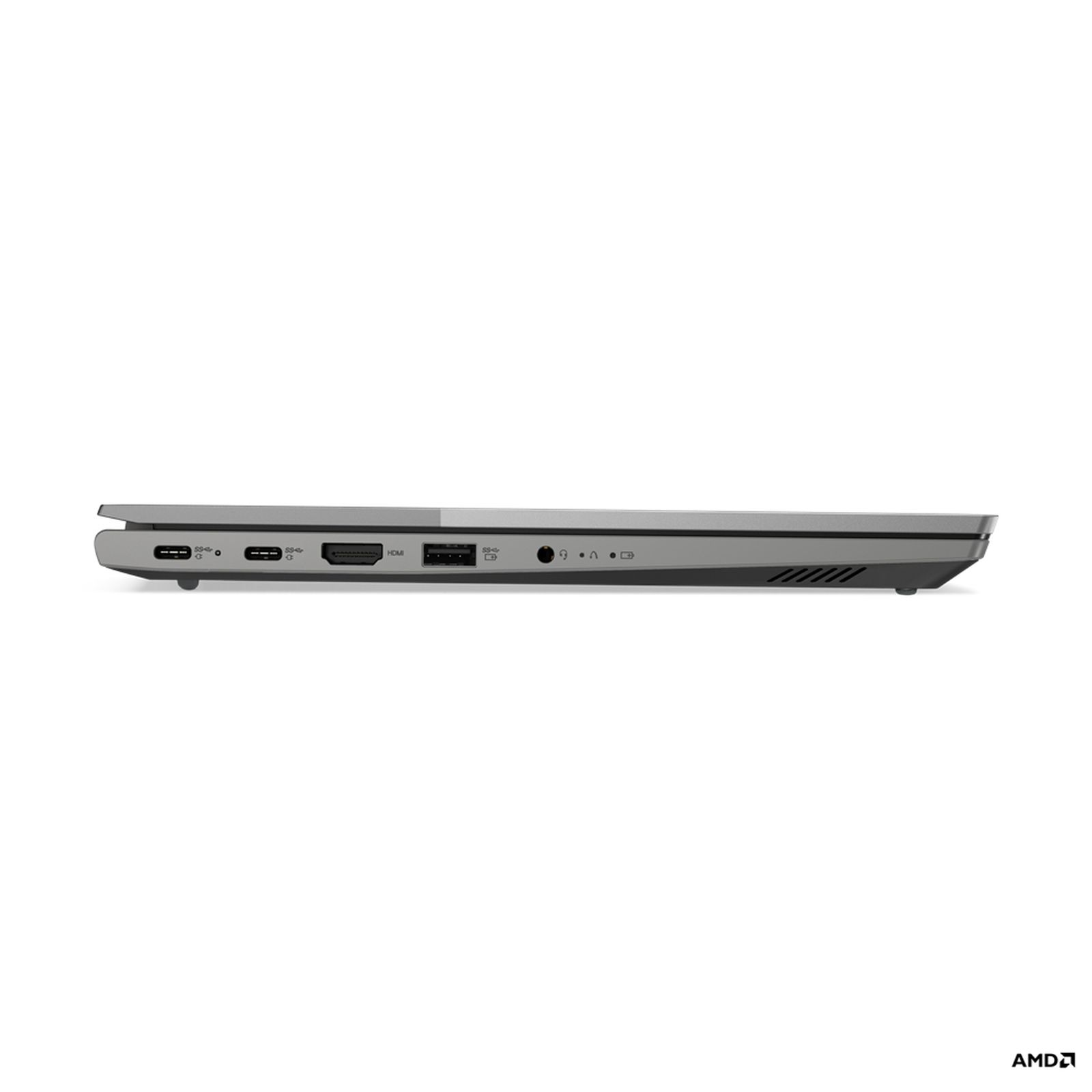 Seitenansicht eines grauen Laptops, Seite mit Anschlüssen zeigend, mit AMD-Logo, vor weißem Hintergrund.
