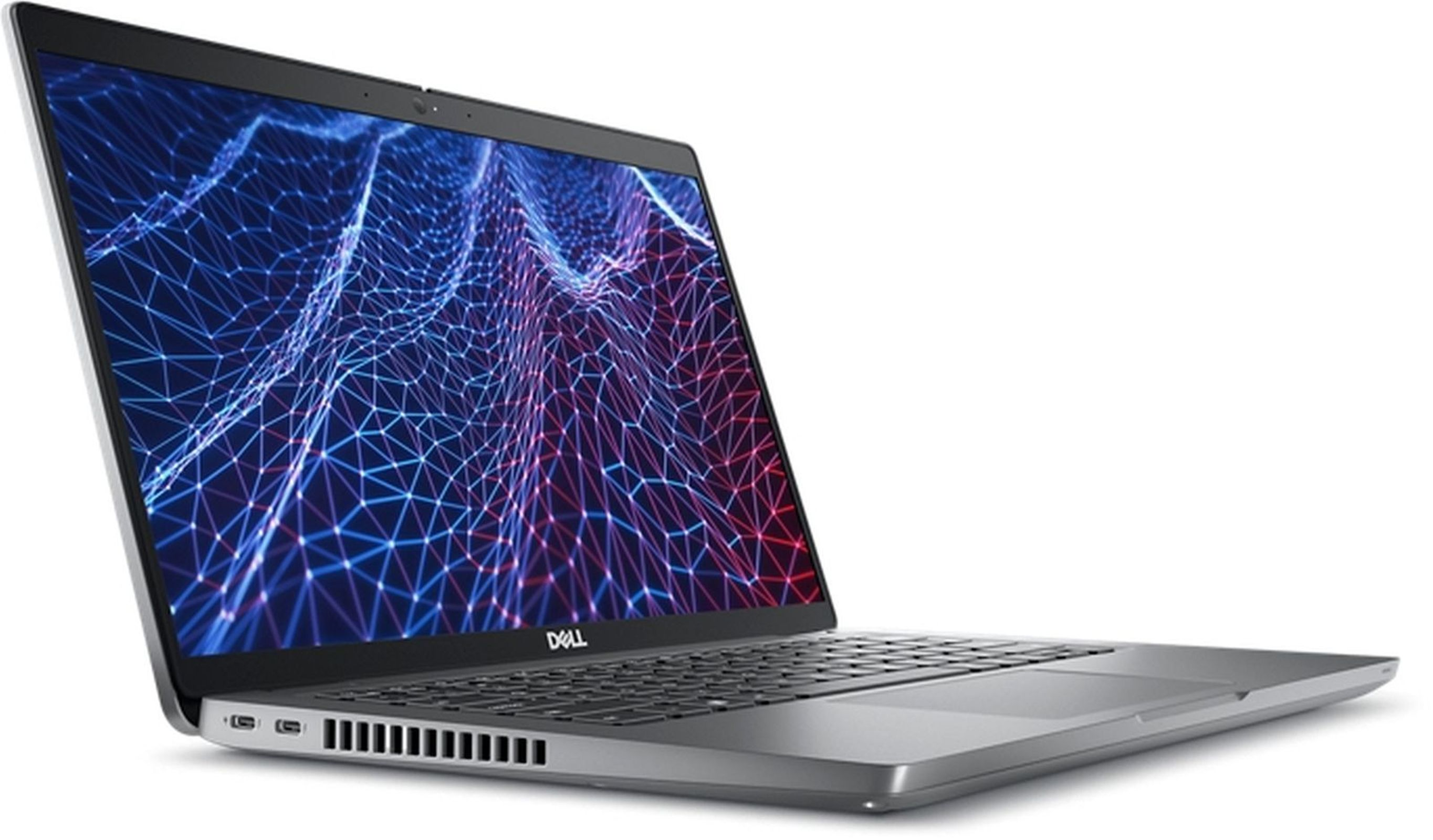 Silberner Laptop mit blau-rotem Bildschirm. Der Laptop ist leicht geöffnet.