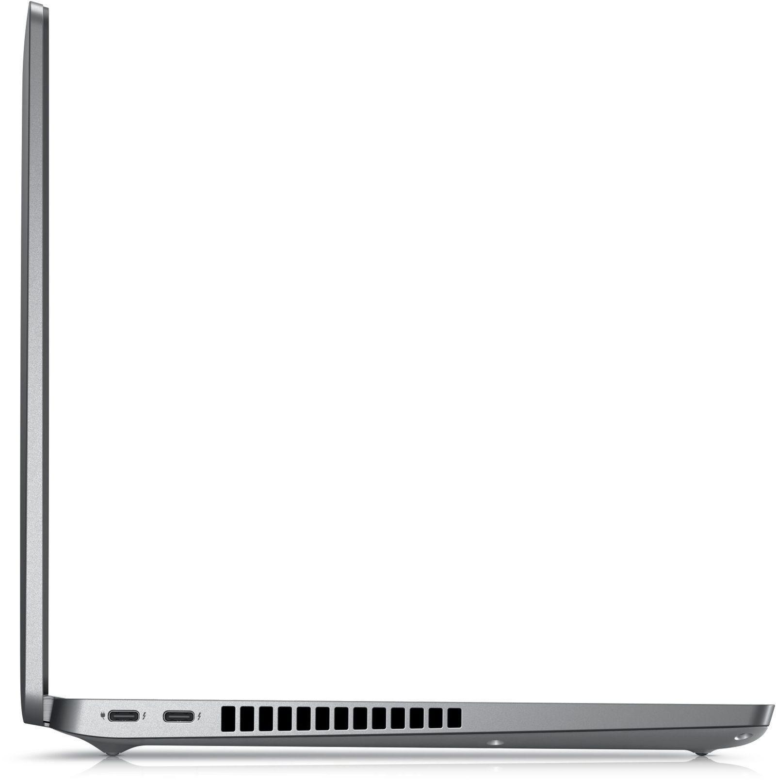 Seitenansicht eines grauen Laptops mit Anschlüssen und Lüftungsschlitzen, isoliert auf weißem Hintergrund.
