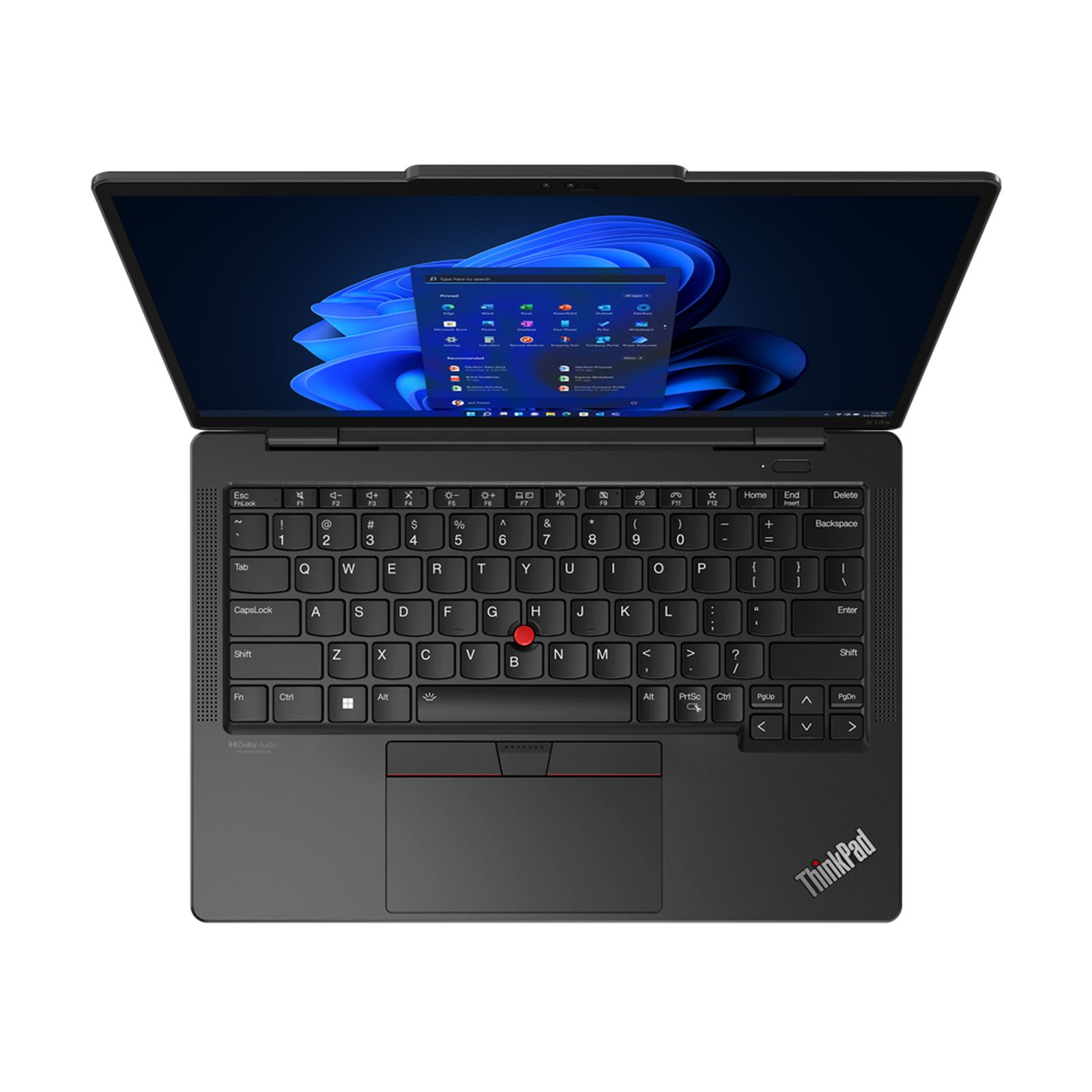 Schwarzer Laptop, offen. Draufsicht. Zeigt Tastatur, Touchpad und Bildschirm.