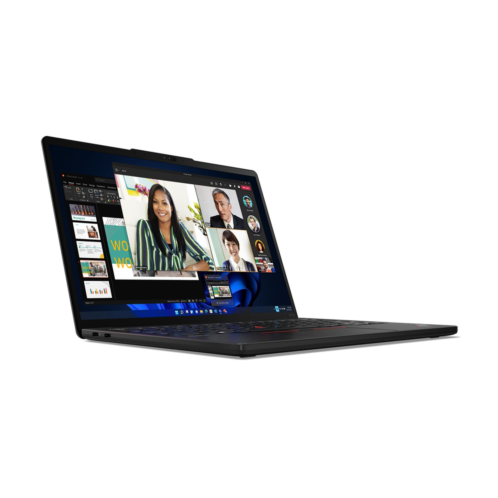 Schwarzes Laptop offen, zeigt einen Videoanruf mit mehreren Teilnehmern auf dem Bildschirm.