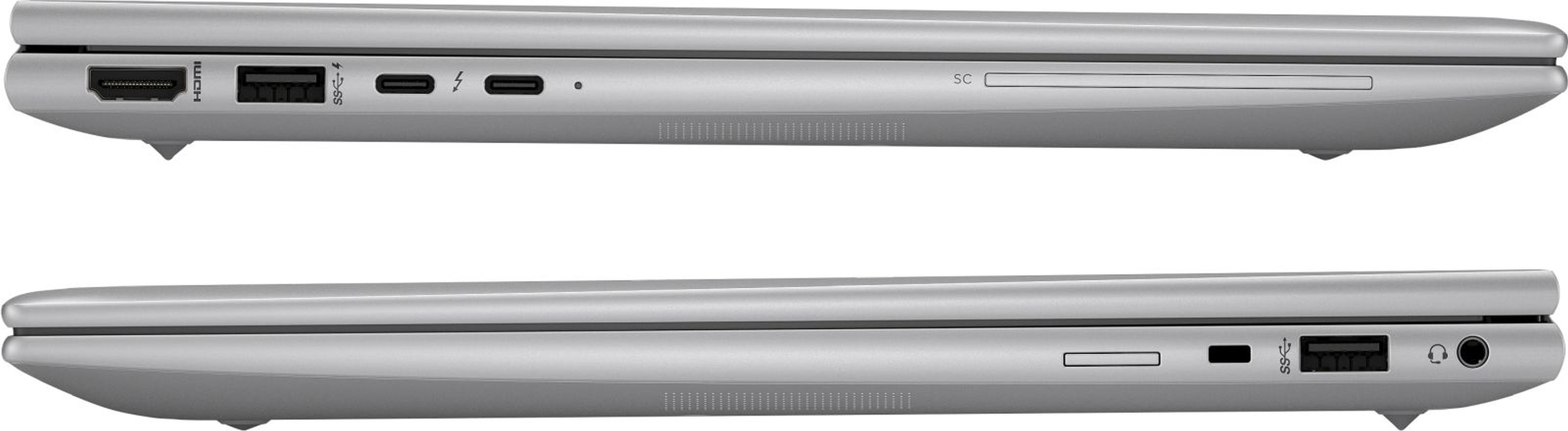 Vista laterale di un laptop argentato. Mostra porte e uno slot per schede. Sfondo bianco.