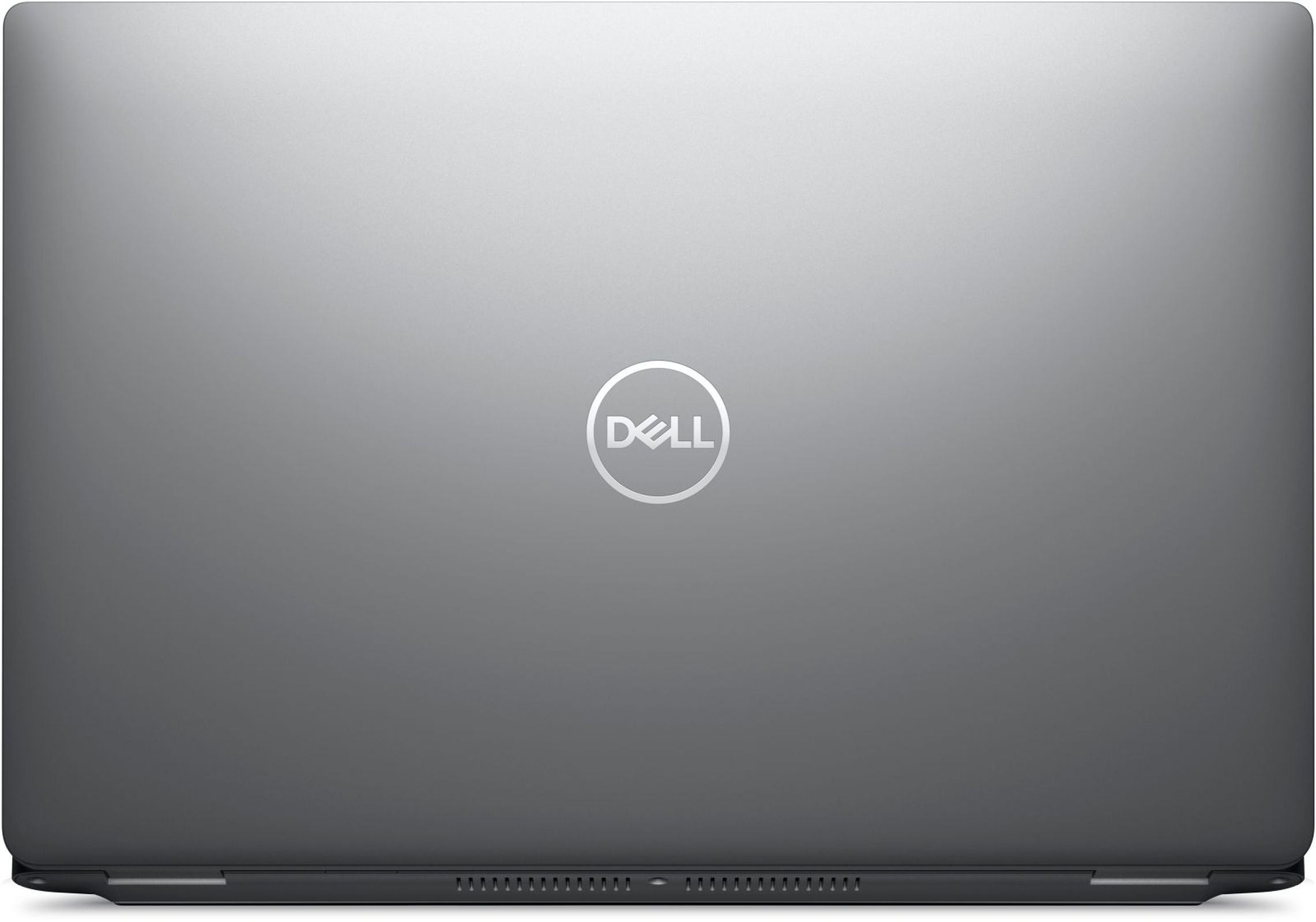 Laptop-Draufsicht mit Dell-Logo, graue Farbe, weißer Hintergrund.