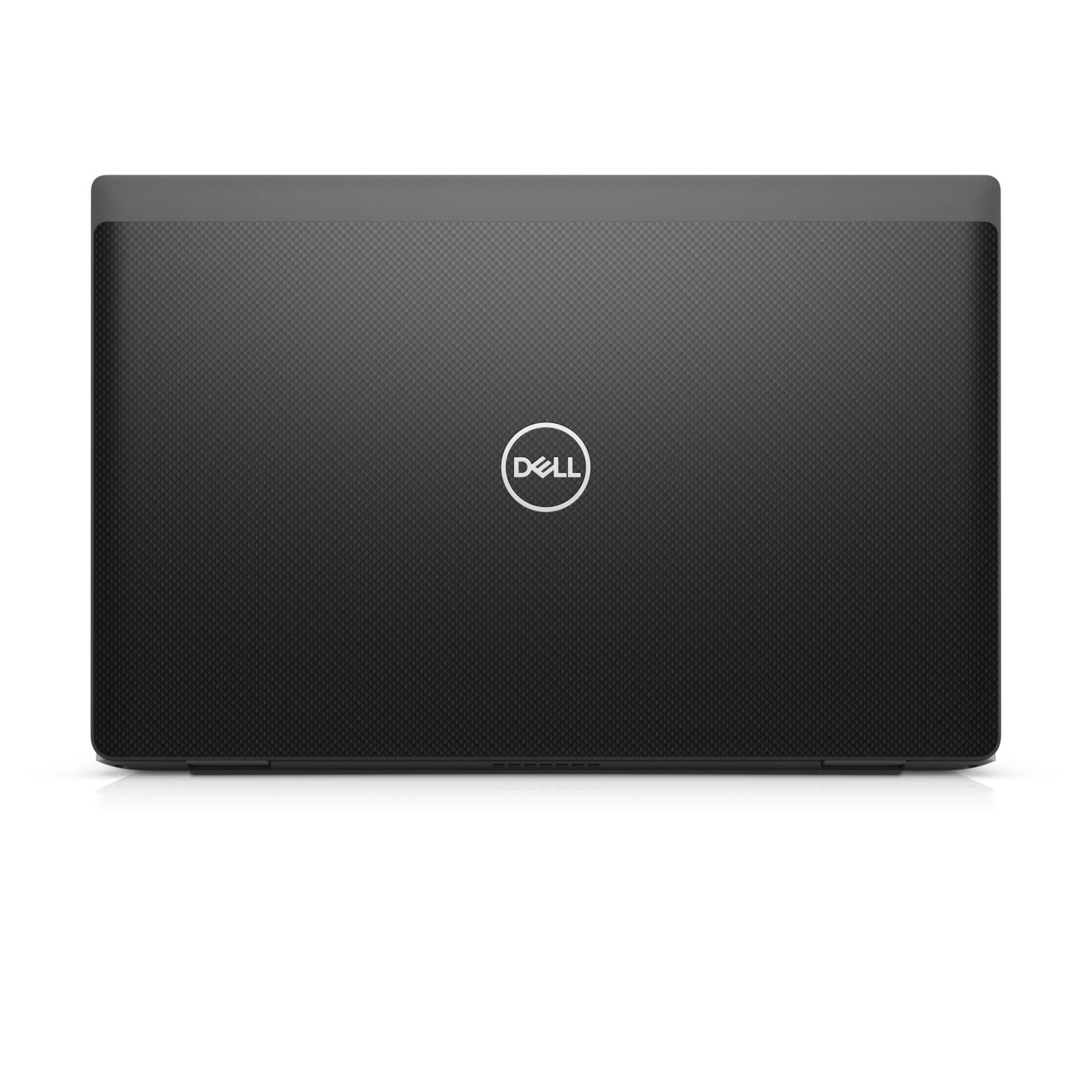 Laptop nero, chiuso, con il logo Dell visibile sulla cover superiore. Su una superficie bianca.