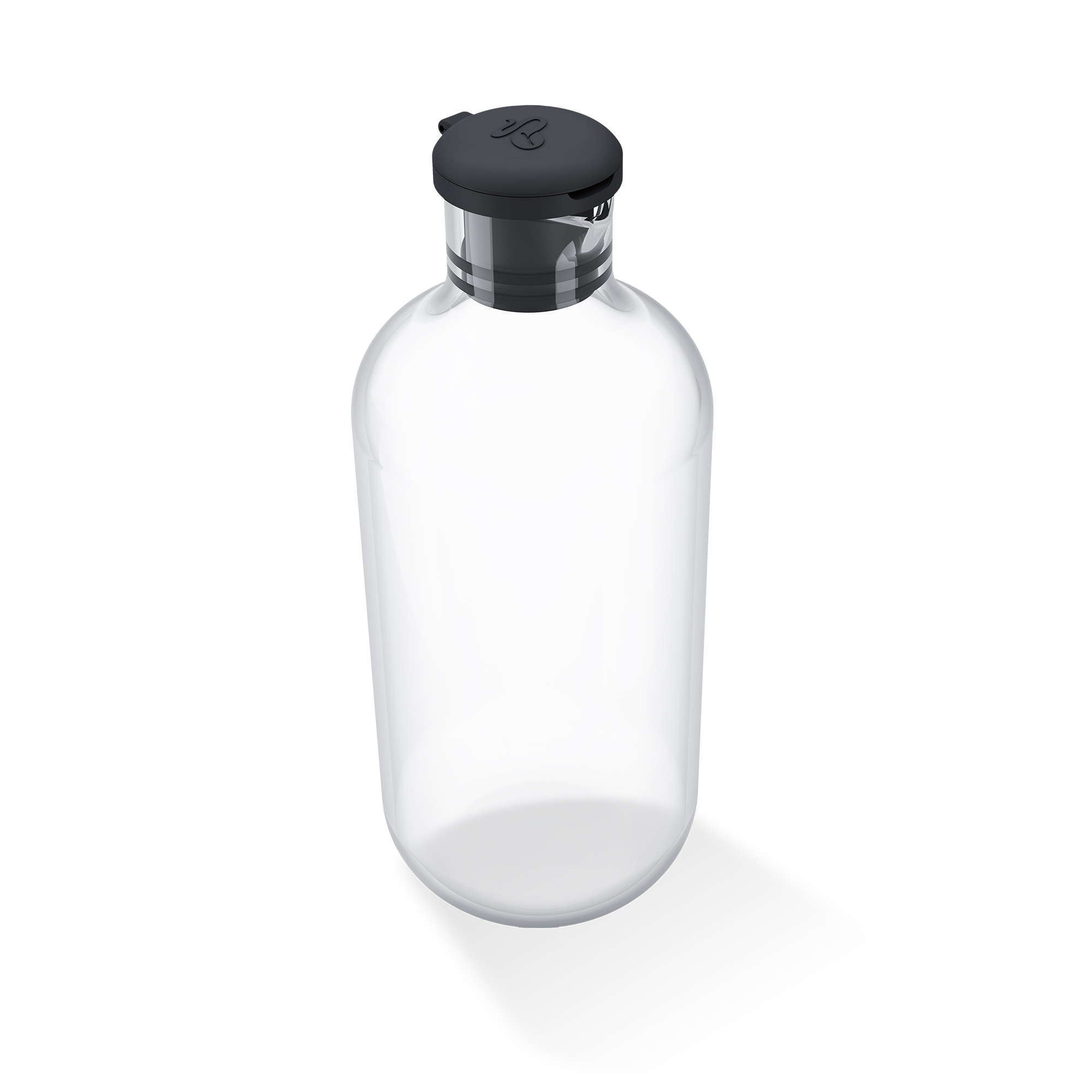 Eine klare, transparente Wasserflasche mit schwarzem Deckel.