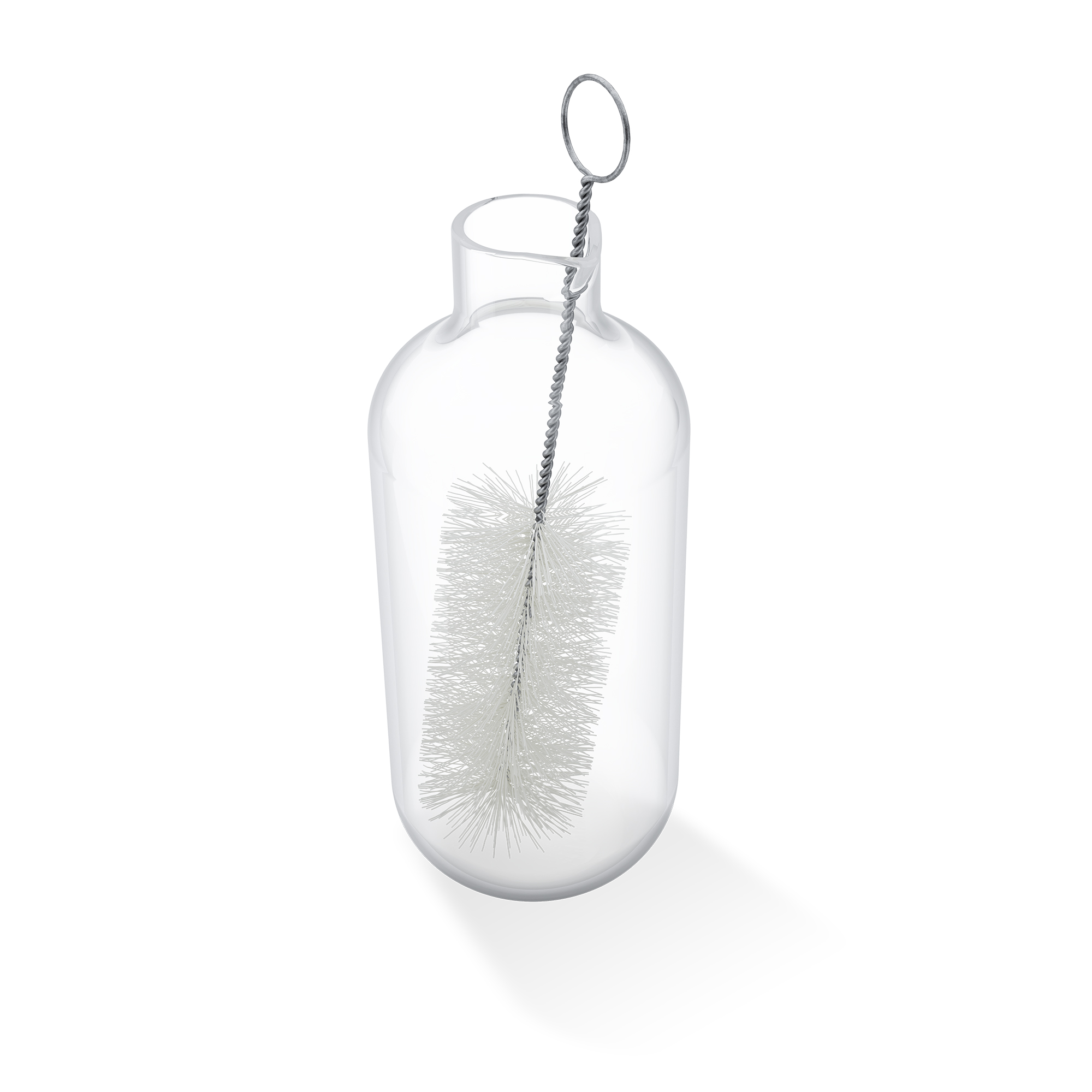 Glasflasche mit Reinigungsbürste. Weißer Hintergrund, Studioaufnahme.