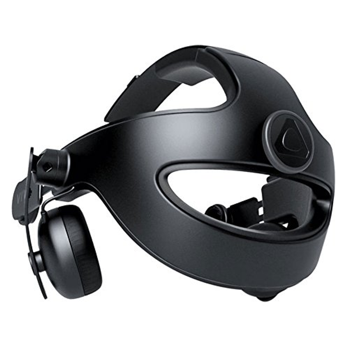Auriculares VR negros con auriculares, diadema y diseño triangular central. Fondo blanco.
