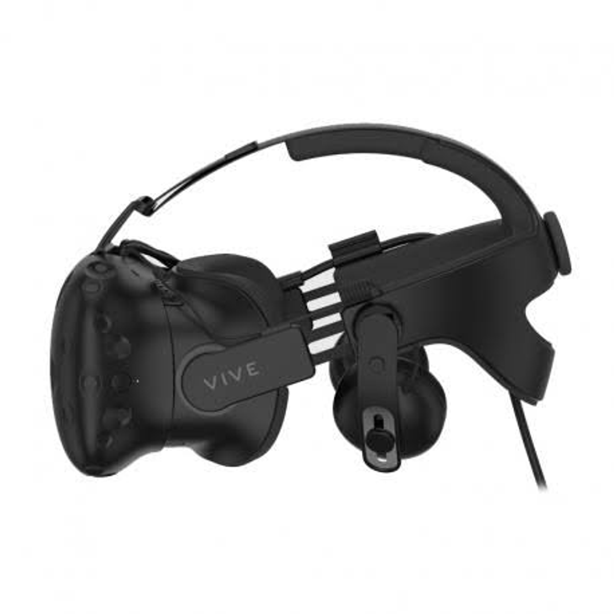 Auriculares VR negros, vista lateral. Tiene múltiples correas y cables.
