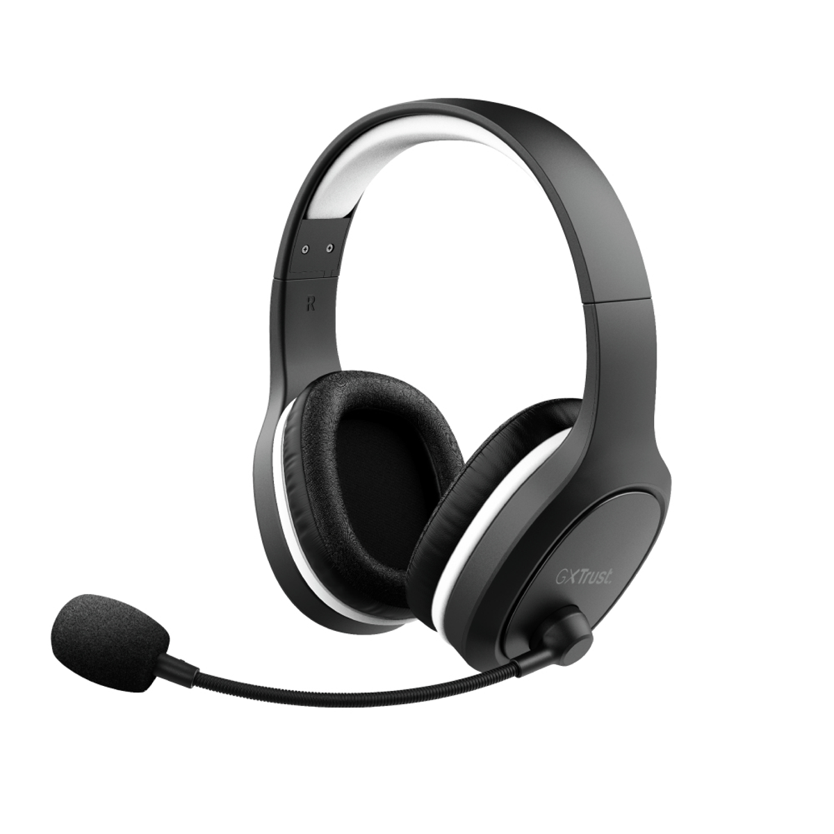 Schwarzes Gaming-Headset mit Mikrofon. Weiße Akzente.