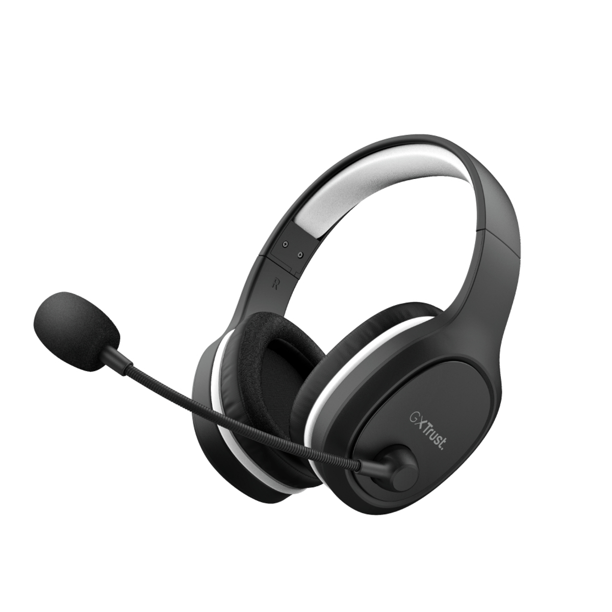 Ein schwarz-weißes Trust Gaming-Headset mit Mikrofon auf weißem Hintergrund.