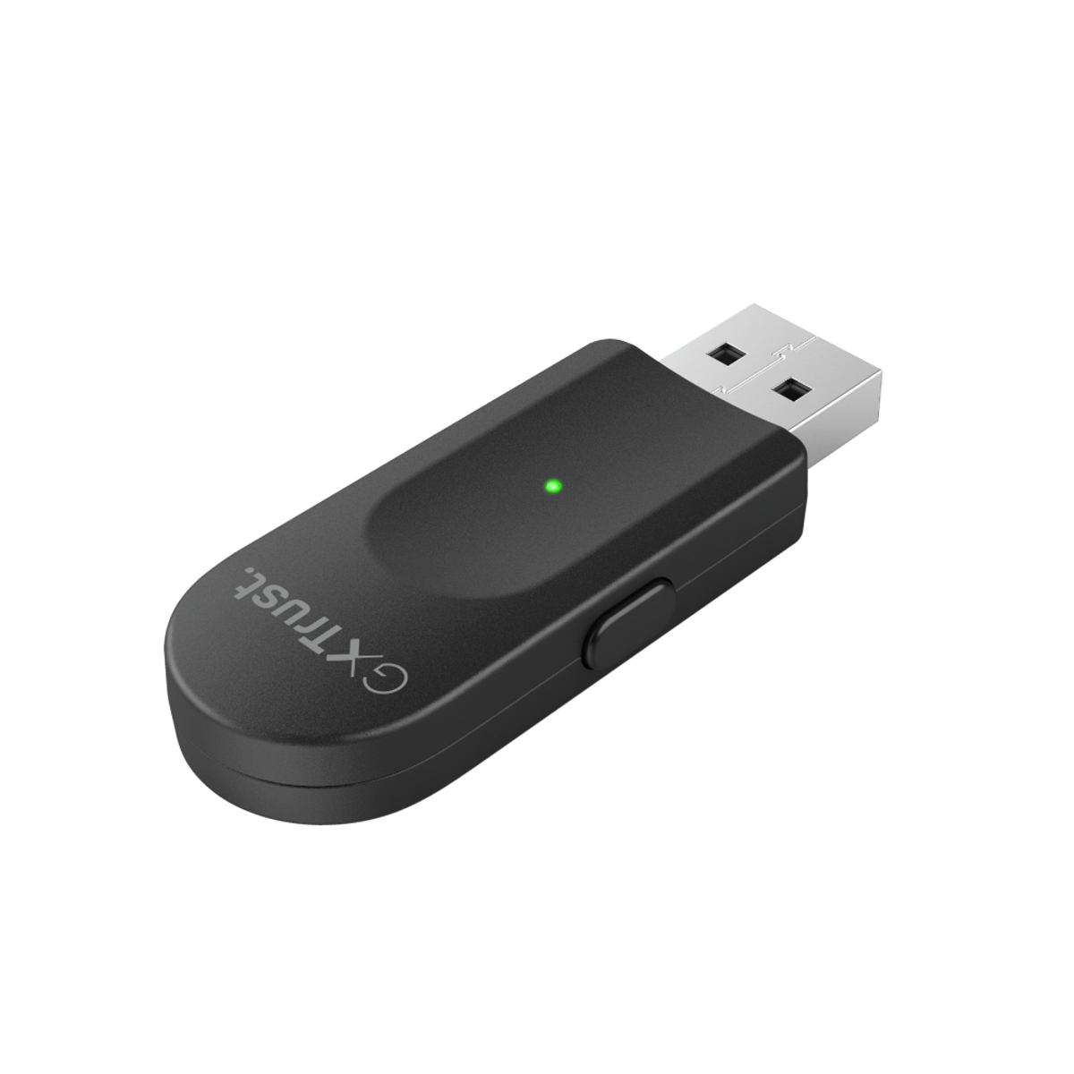 Ein schwarzer USB-Adapter mit grünem Licht.