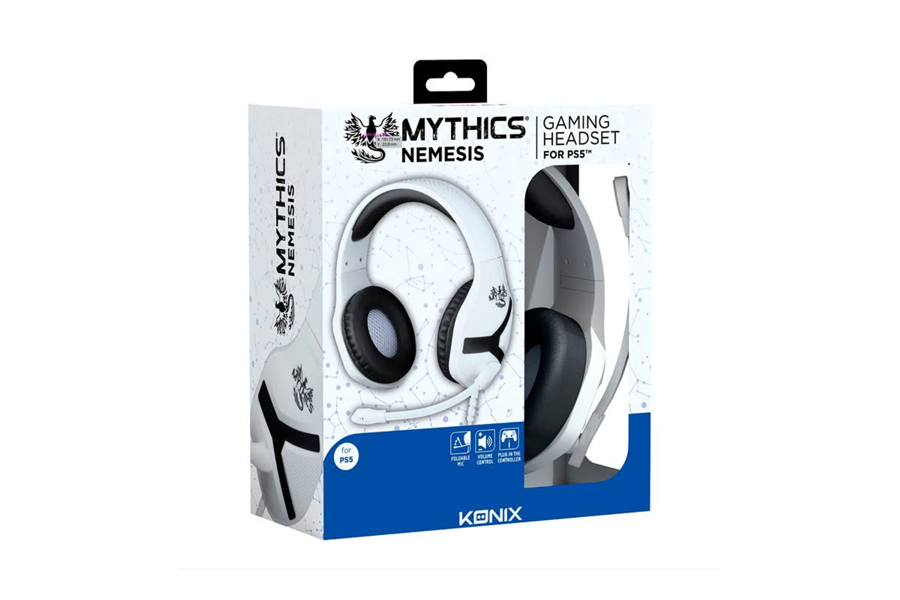 Biało-czarne pudełko słuchawek do gier. Widnieją na nim napisy 'Mythics Nemesis' i 'Gaming Headset'.