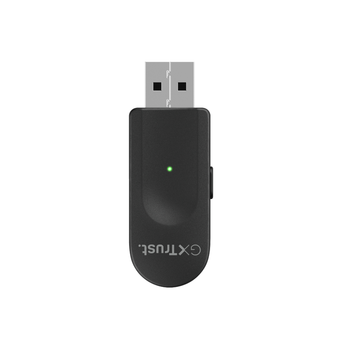 Schwarzer USB-Dongle mit grünem Licht und dem Text 'GXTtrust' an der Seite.
