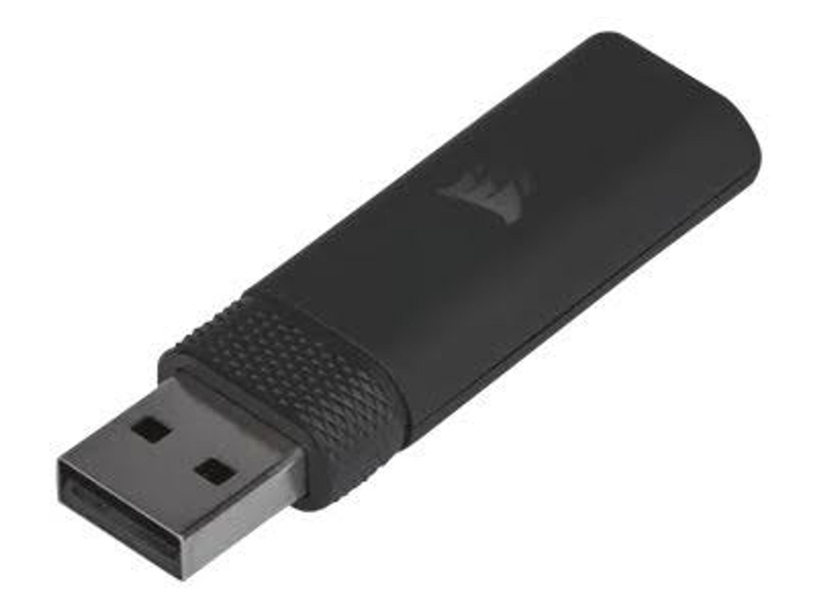 Czarny pendrive USB, ze srebrnym złączem USB, na białym tle.