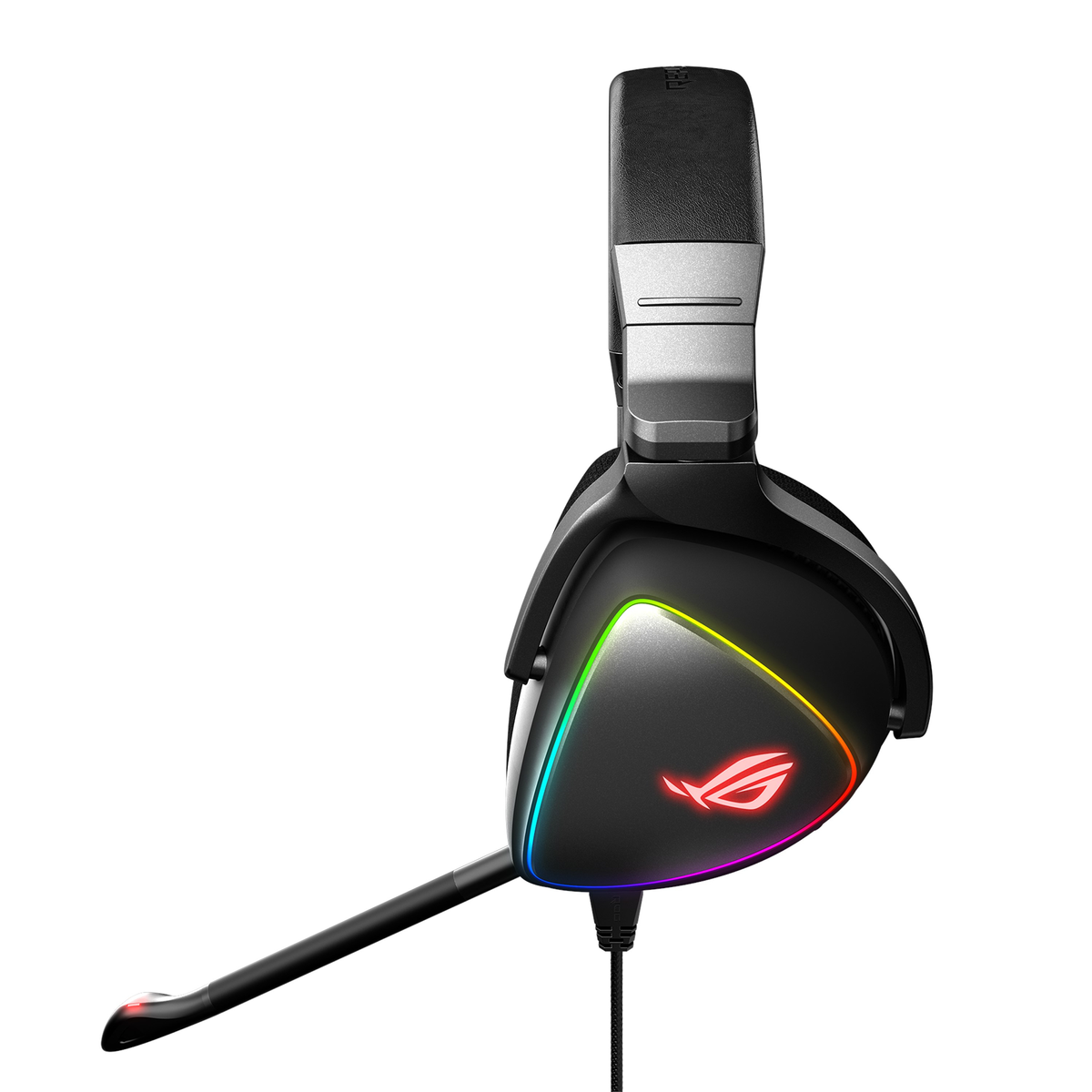 Schwarzes Gaming-Headset mit RGB-Beleuchtung, Mikrofon angebracht. Isoliert auf weißem Hintergrund.