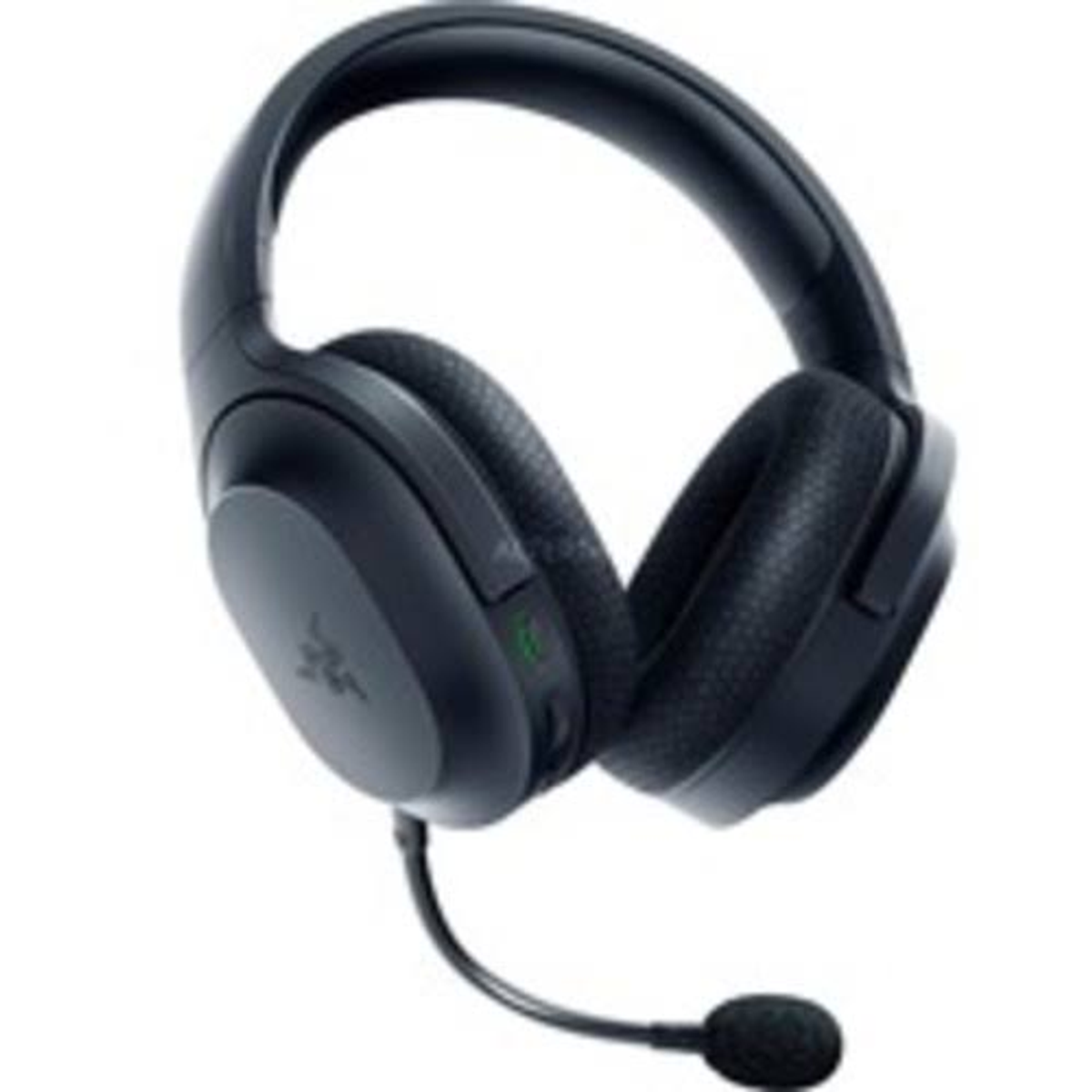 Mikrofonlu siyah oyun kulaklığı. Kulaklıkta Razer logosu. Yeşil bir ışığı var.