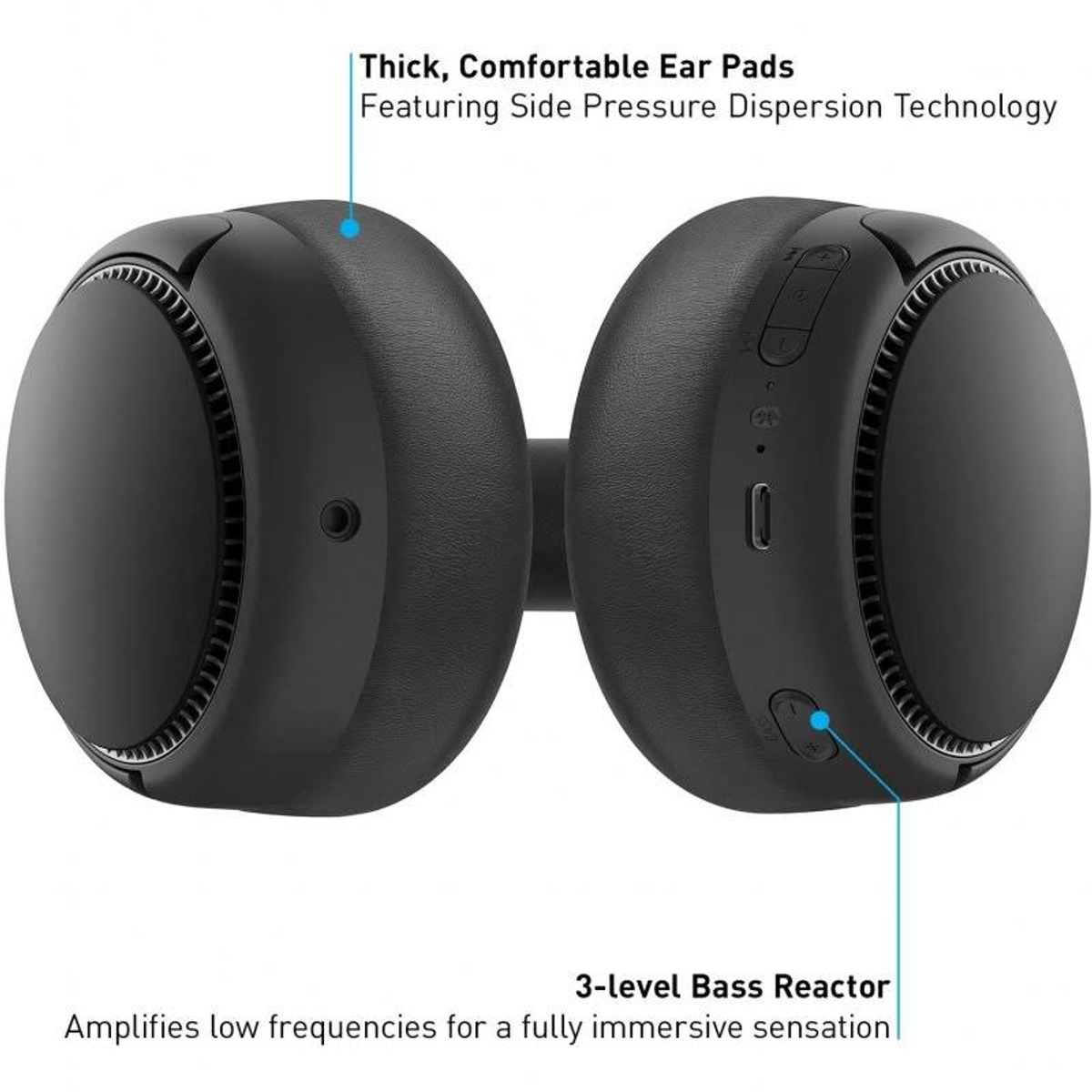 Auriculares negros con texto. Almohadillas gruesas, tecnología de presión lateral. Reactor de graves de 3 niveles.